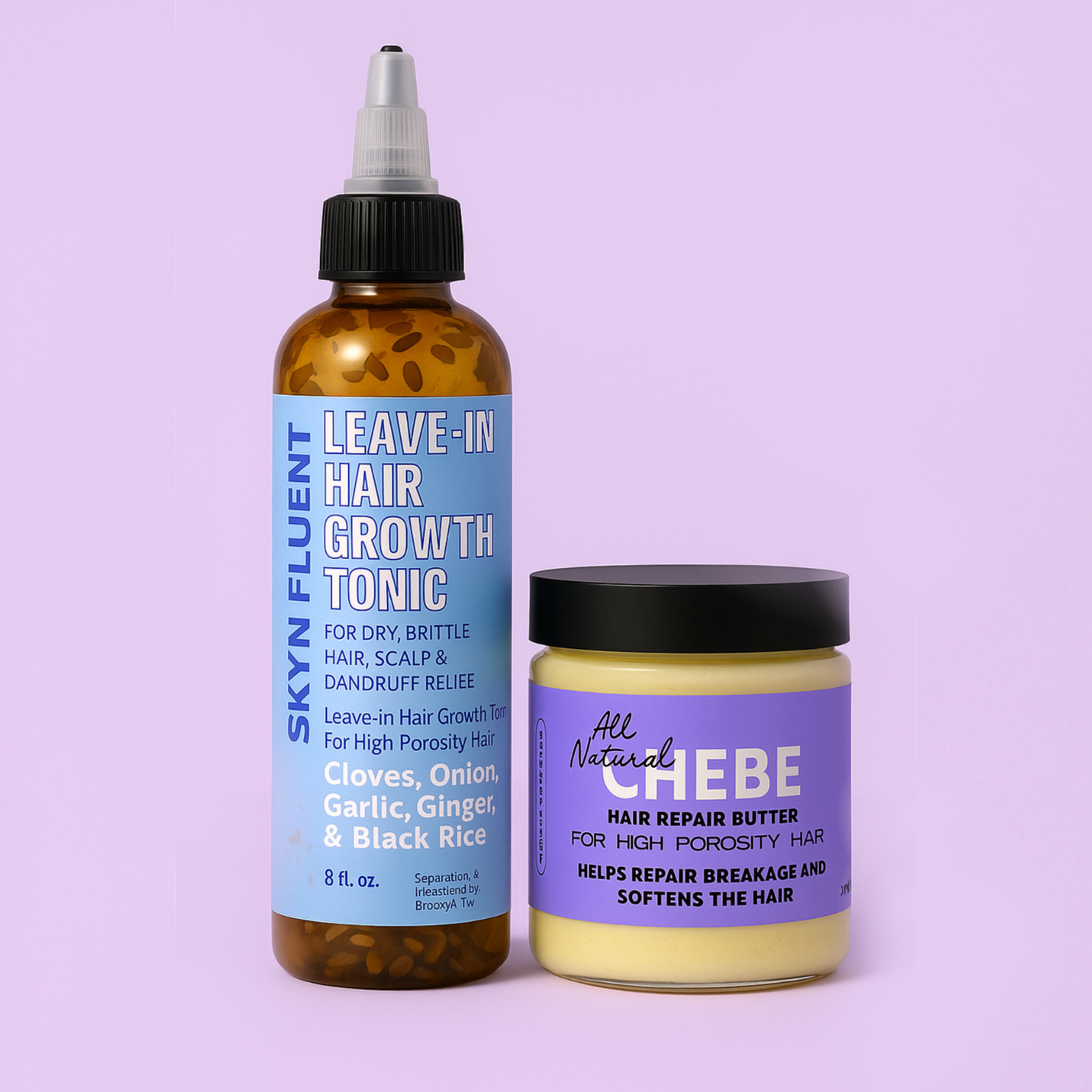 yn Fluent High Porosity Protein Pack featuring Leave-In Hair Growth Tonic and Chebe Hair Repair Butter for repairing breakage, strengthening strands, and sealing in moisture.
