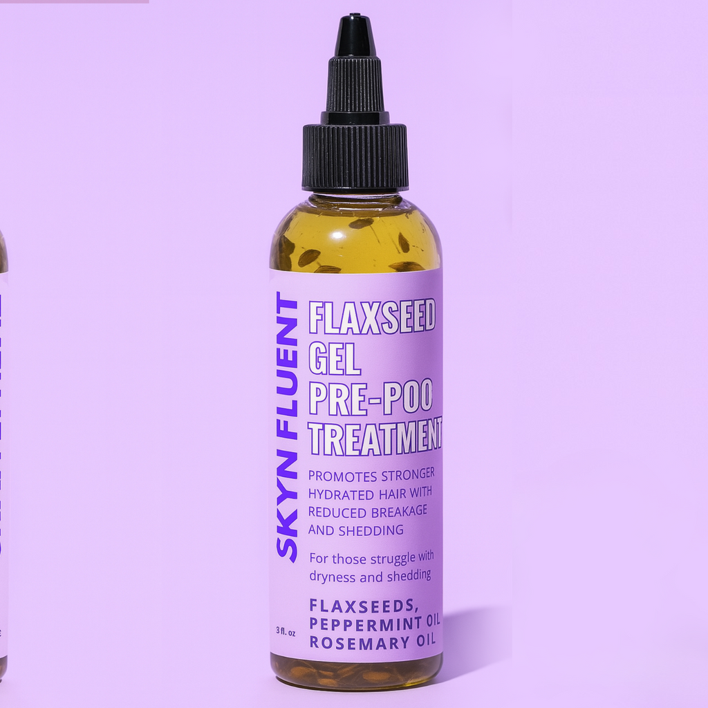 Bottle of Skyn Fluent Flaxseed Gel Pre-Poo Treatment on a purple background