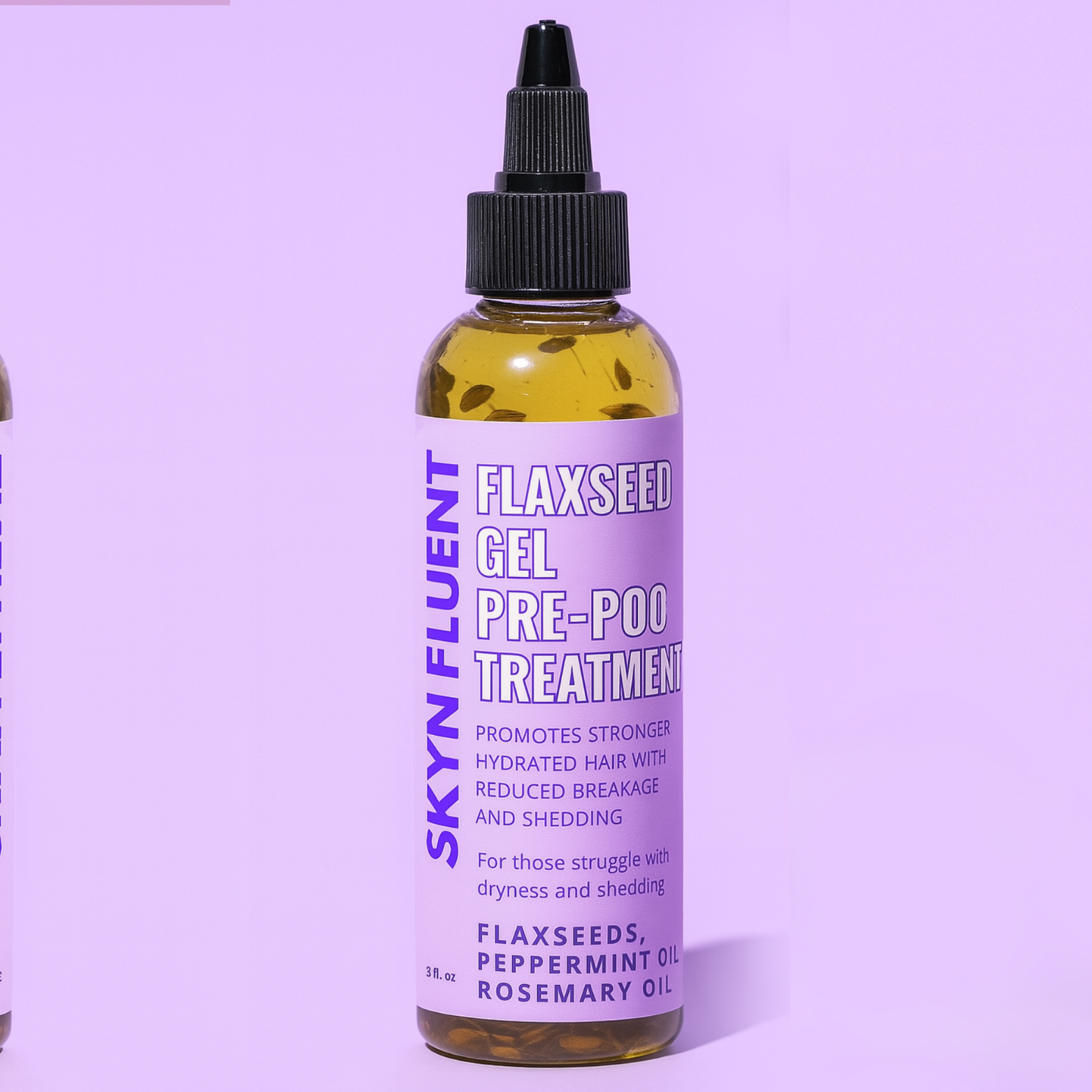Bottle of Skyn Fluent Flaxseed Gel Pre-Poo Treatment on a purple background