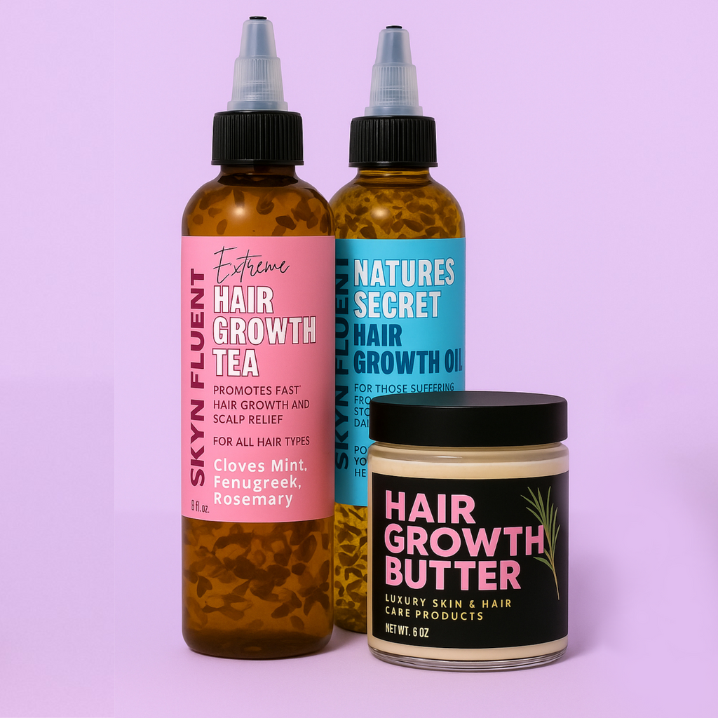 Skynfluent Ultimate Hair Revival Bundle featuring Extreme Hair Growth Tea, Hair Growth Butter, and Nature’s Secret Hair Growth Oil for the LCO Method to boost moisture, strengthen strands, and promote hair growth.