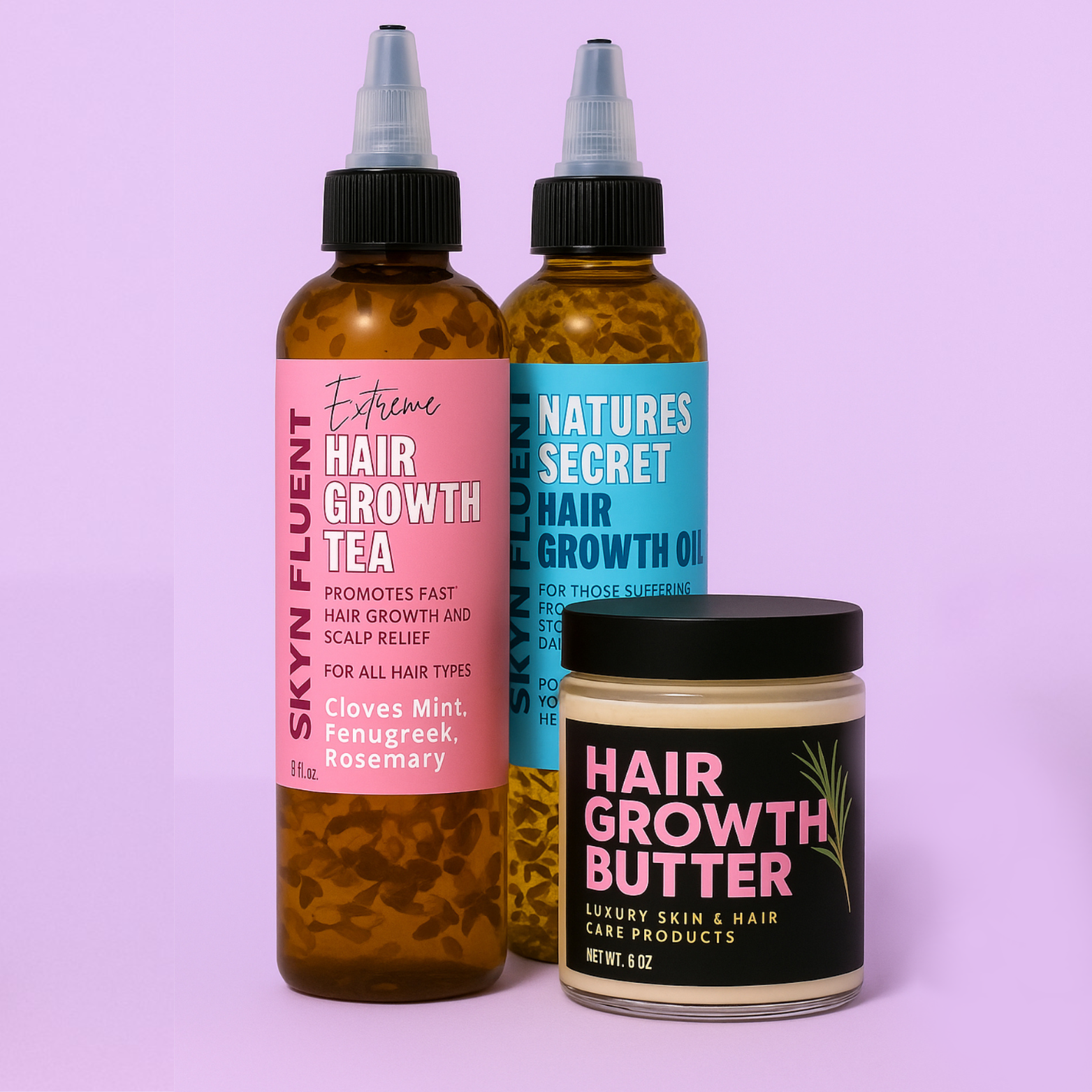 Skynfluent Ultimate Hair Revival Bundle featuring Extreme Hair Growth Tea, Hair Growth Butter, and Nature’s Secret Hair Growth Oil for the LCO Method to boost moisture, strengthen strands, and promote hair growth.