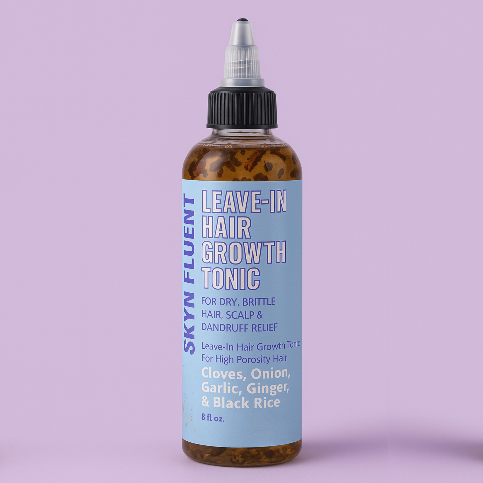 Leave-In Hair Growth Tonic for High Porosity  Hair – product bottle on a purple background.