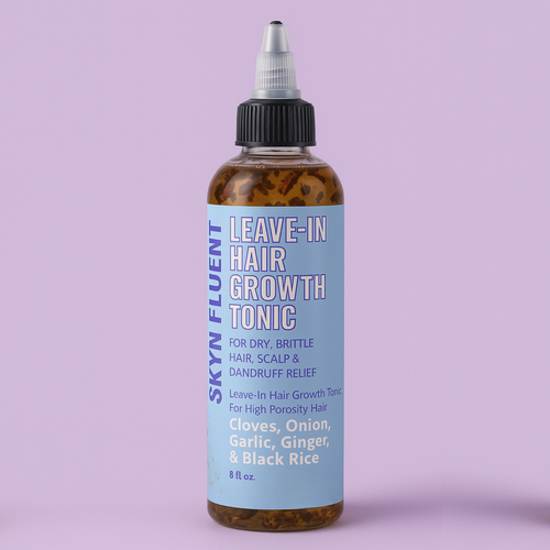 Leave-In Hair Growth Tonic for High Porosity  Hair – product bottle on a purple background.