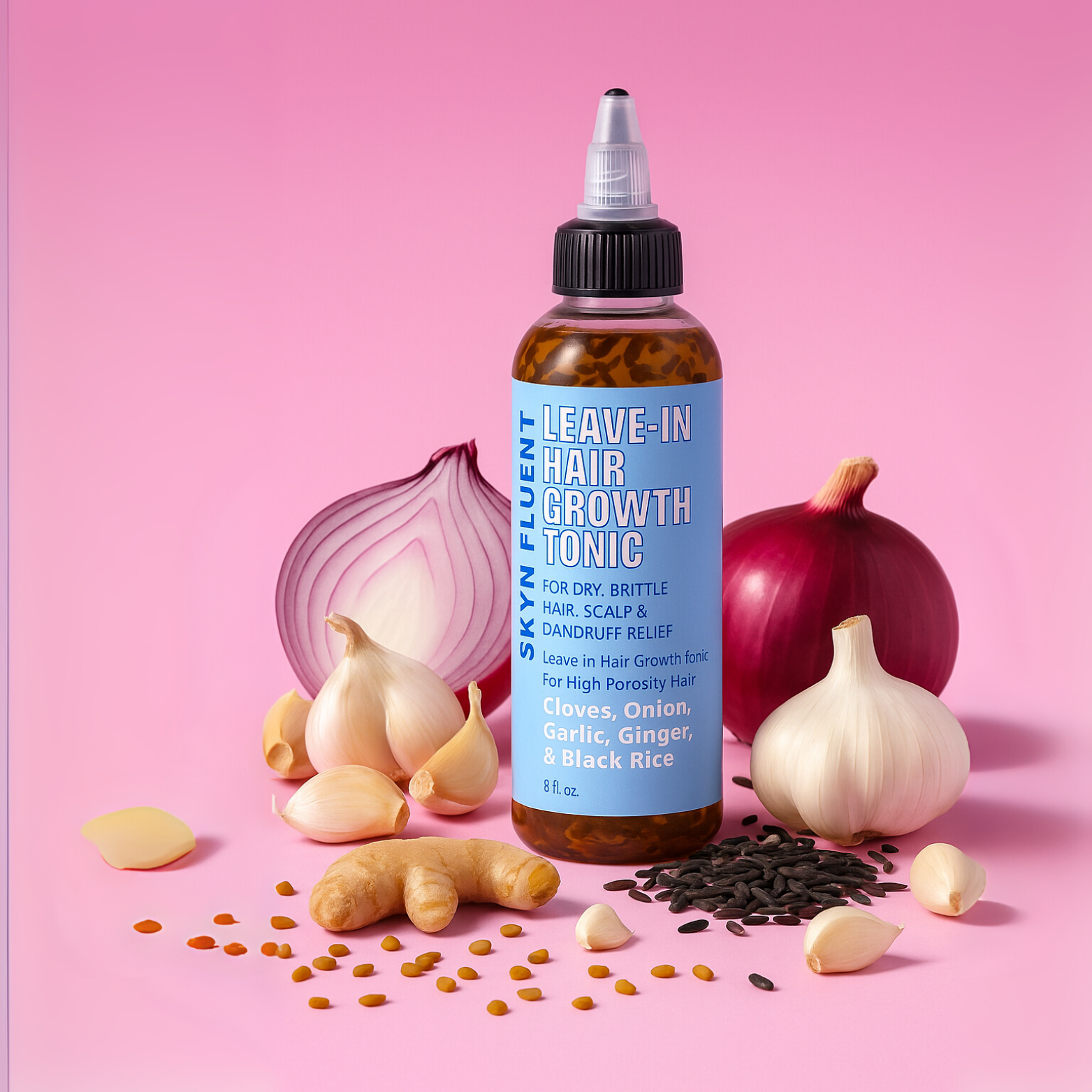 Skyn Fluent Leave-In Hair Growth Tonic with garlic, onion, ginger, and rice on a pink background