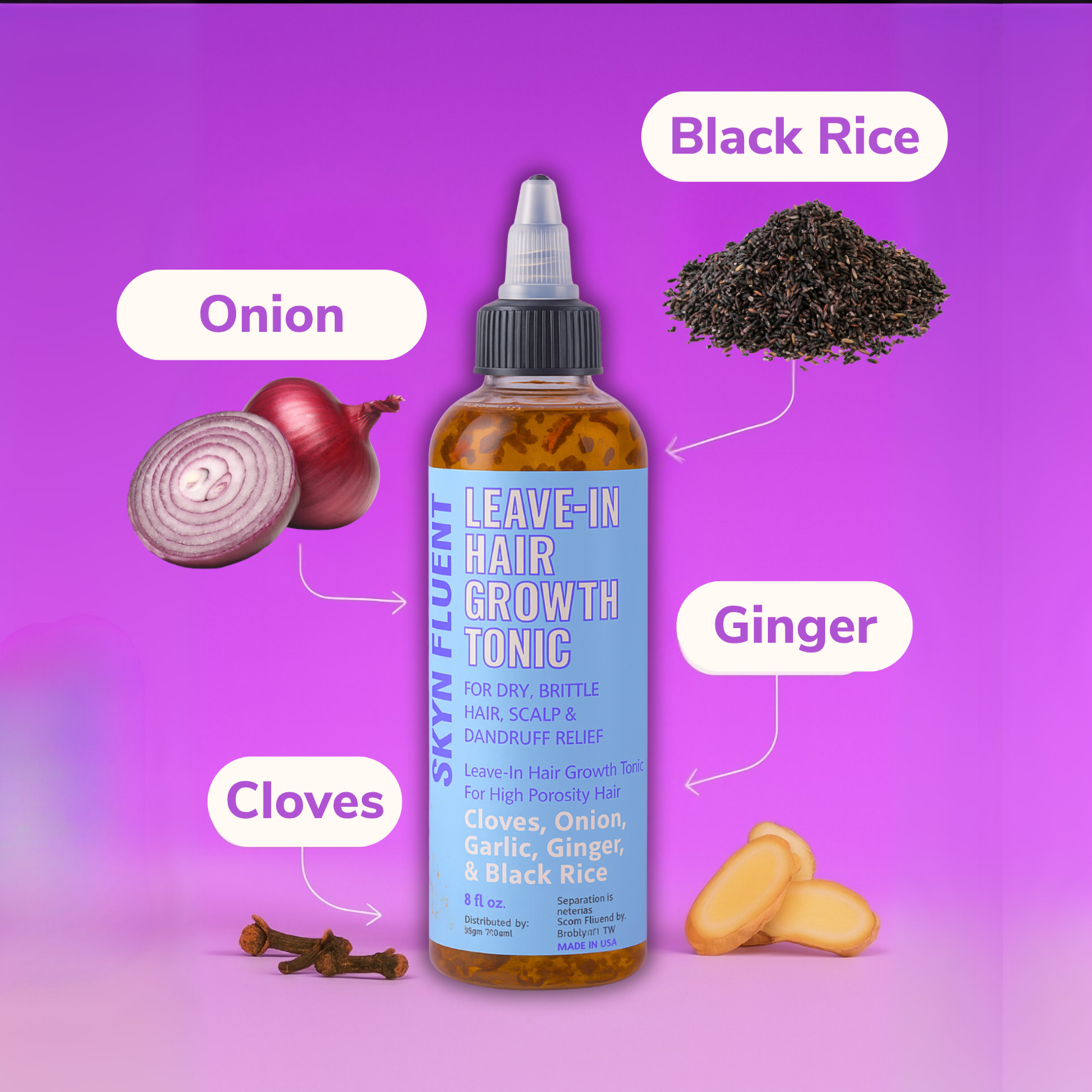 Leave-in hair growth tonic bottle with ingredients on a purple background