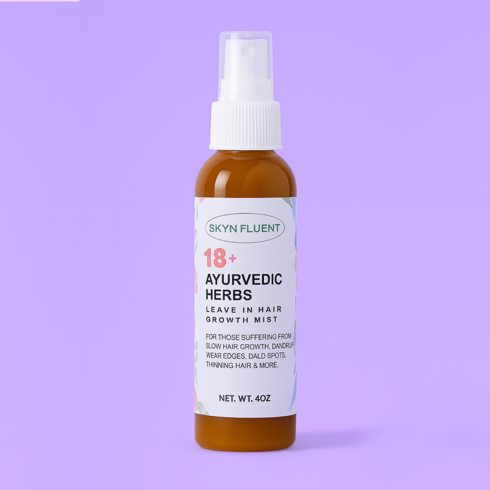 Skynfluent 18+ Ayurvedic Herbs Leave-In Hair Growth Mist bottle on purple background, 4oz size.