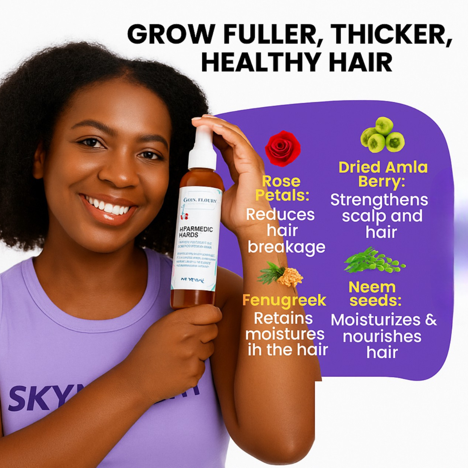Woman holding Skynfluent Ayurvedic Herbs Hair Growth Mist with key ingredients shown: rose petals, dried amla berry, fenugreek, and neem seeds.