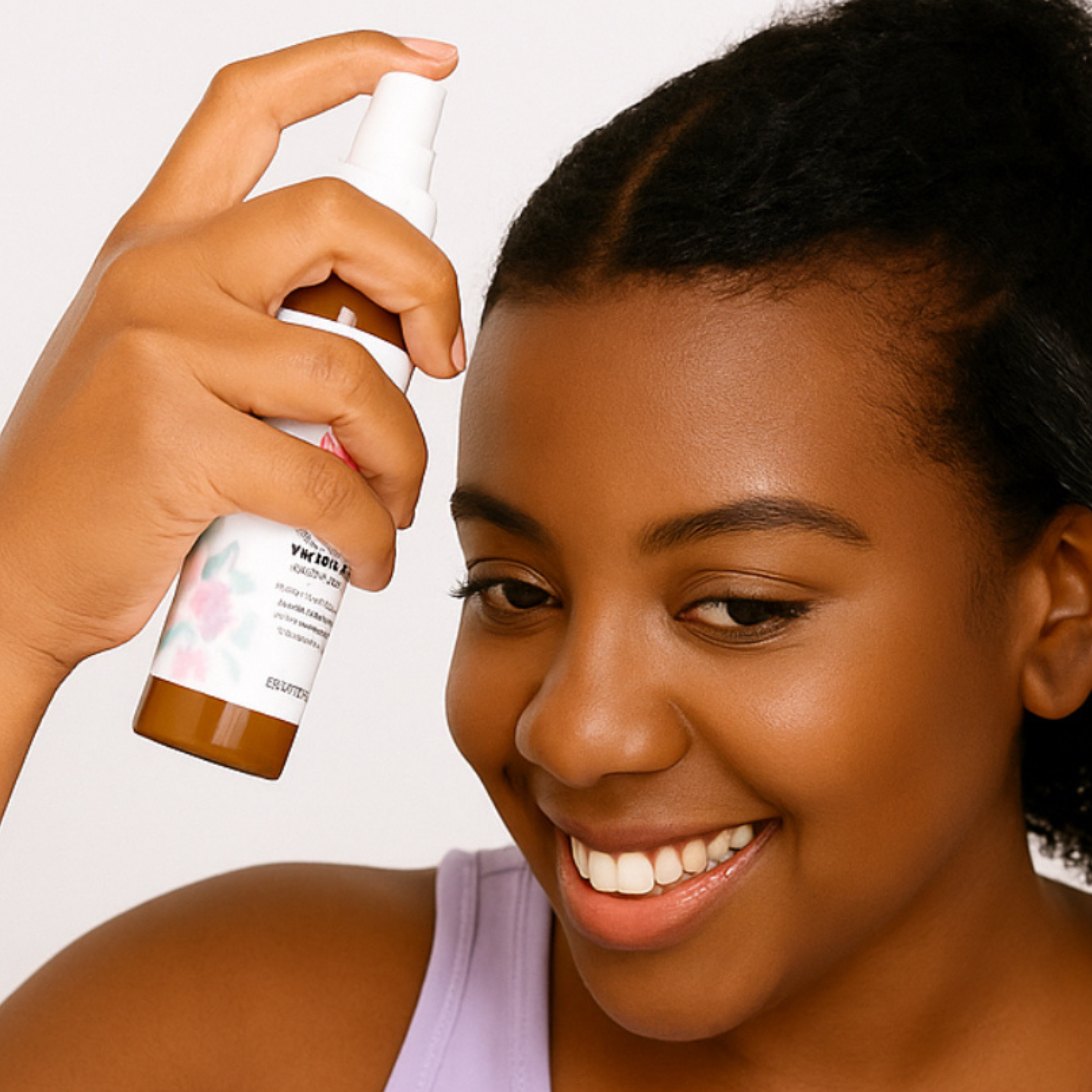 Smiling woman spraying Skynfluent 18+ Ayurvedic Herbs Leave-In Hair Growth Mist into her hair.