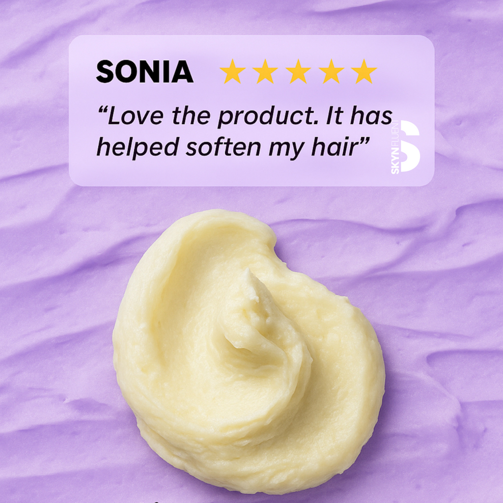 Creamy substance on a purple background with a five-star rating and review from Sonia.