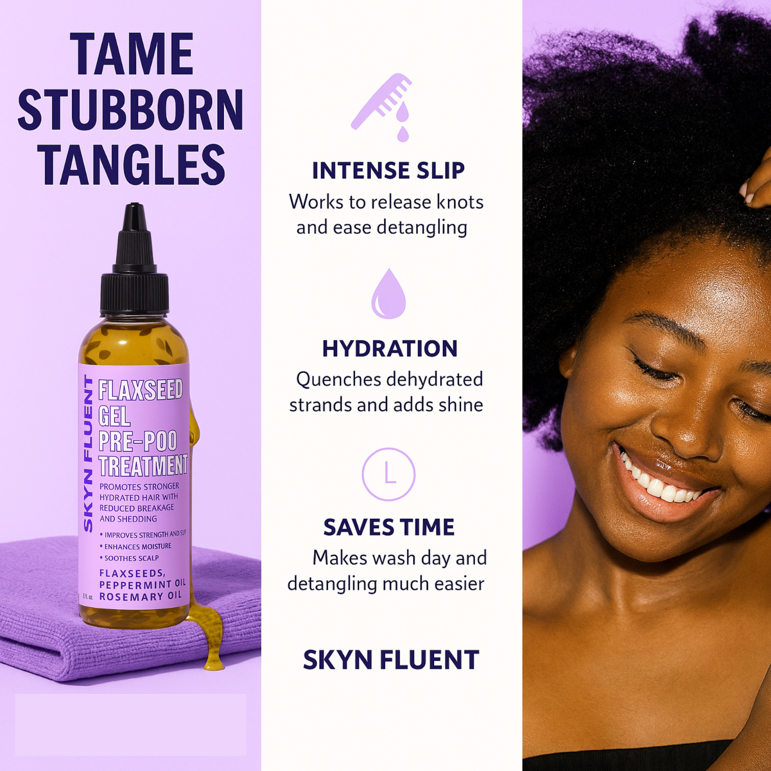 Skynfluent Flaxseed Gel Pre-Poo Treatment graphic showing benefits: intense slip for detangling, hydration, and easier wash da