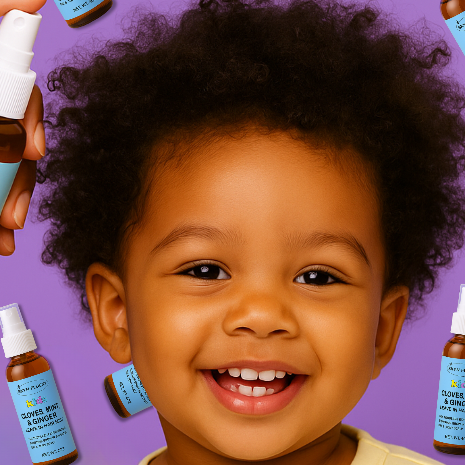 Smiling toddler with healthy curly hair against a purple backdrop, surrounded by floating Skynfluent Kids Cloves, Mint & Ginger Hair Mist bottles.