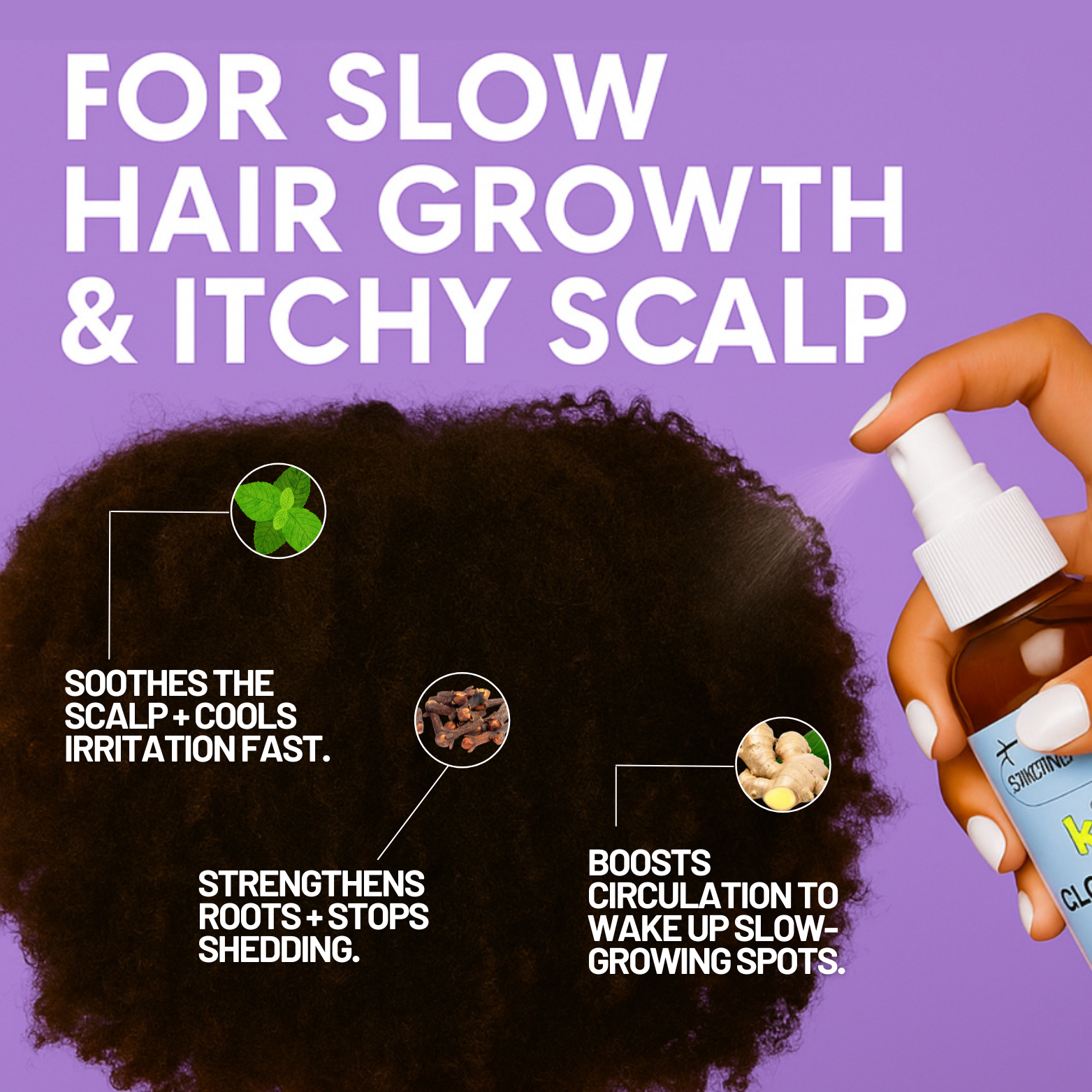 Graphic showing benefits of Kids Cloves, Mint & Ginger Hair Mist for slow hair growth and itchy scalp, with icons for soothing, strengthening, and boosting circulation.