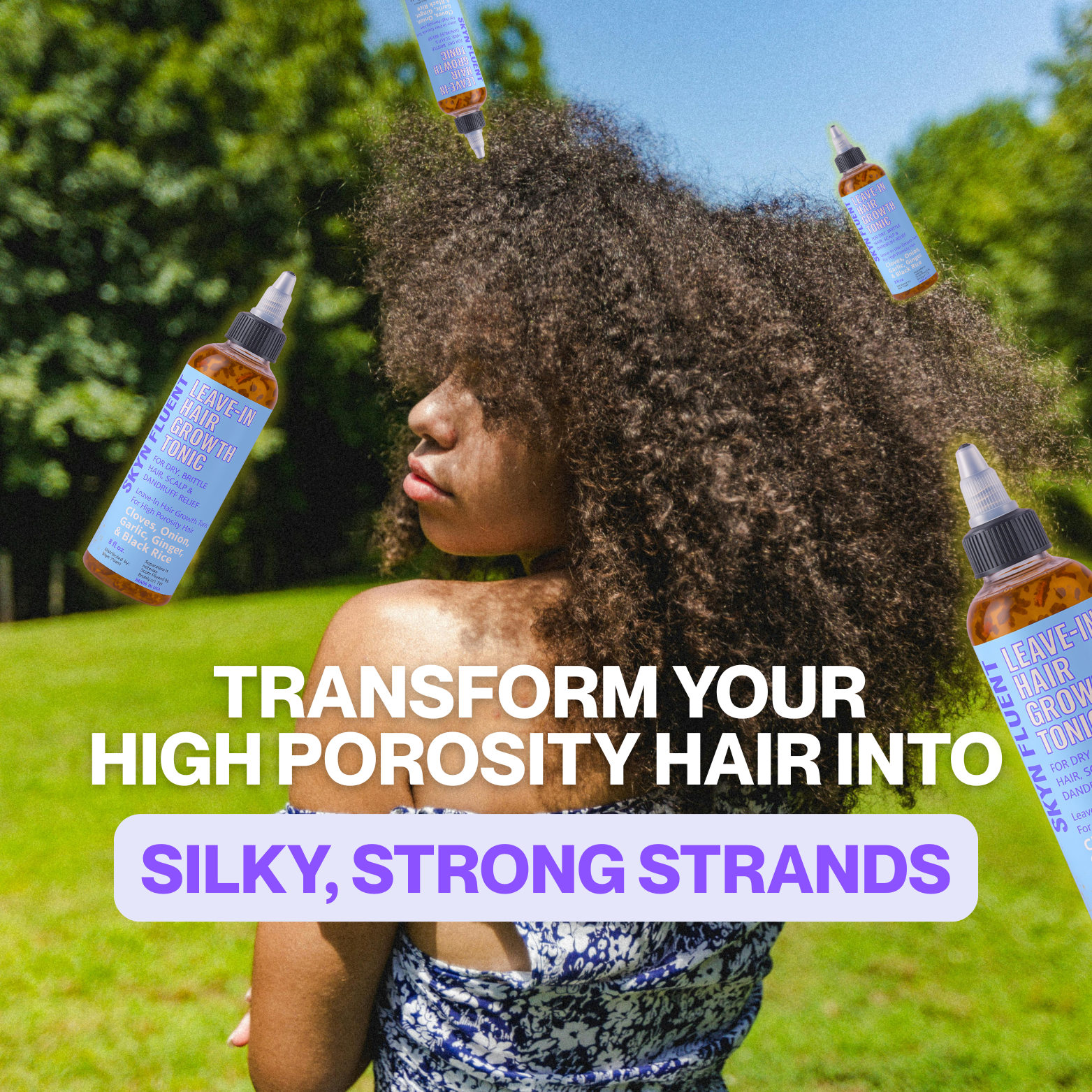 Woman with curly hair outdoors, surrounded by high porosity  product bottles with text promoting hair transformation.