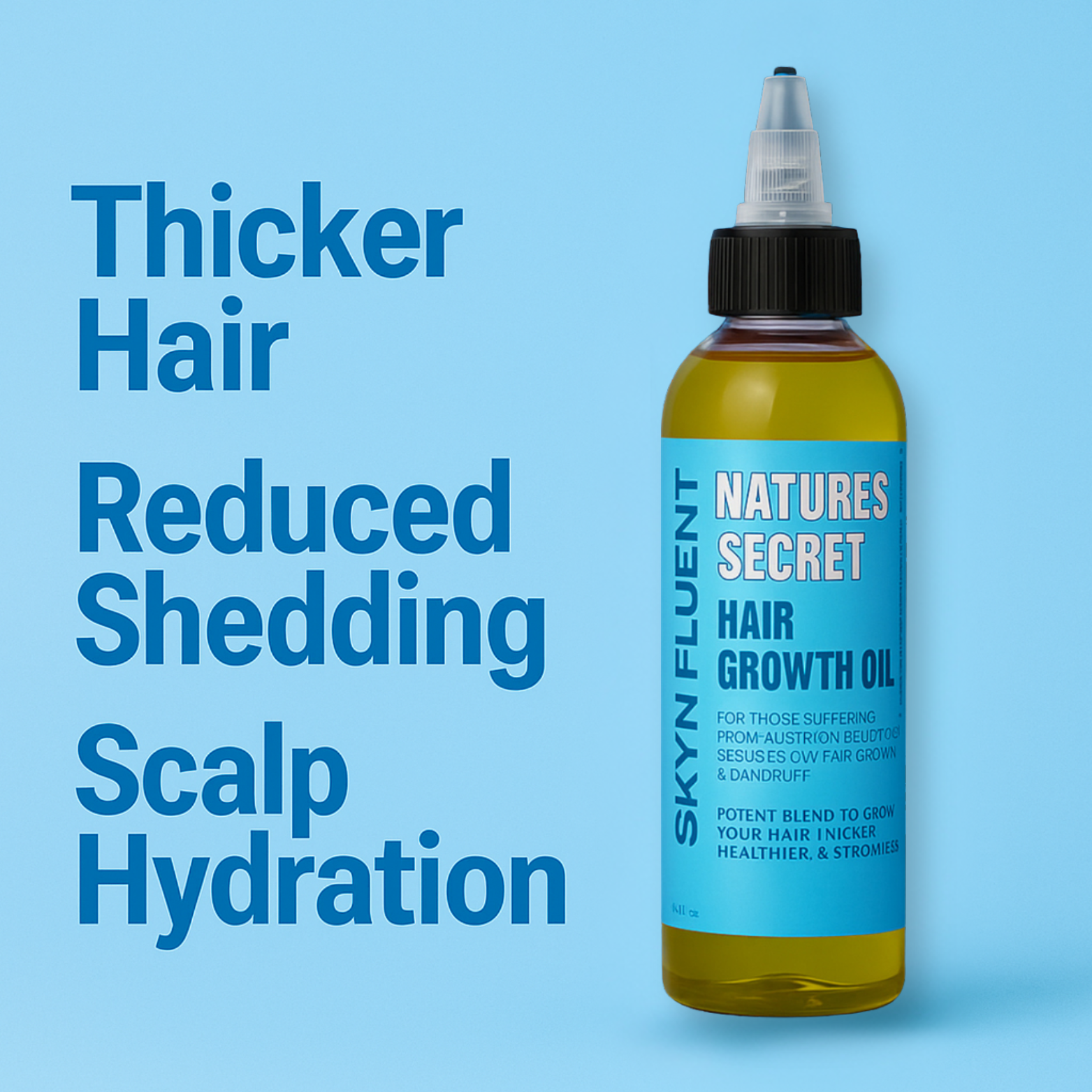 Nature’s Secret Hair Growth Oil bottle on a blue background with bold text that reads: Thicker Hair, Reduced Shedding, Scalp Hydration.