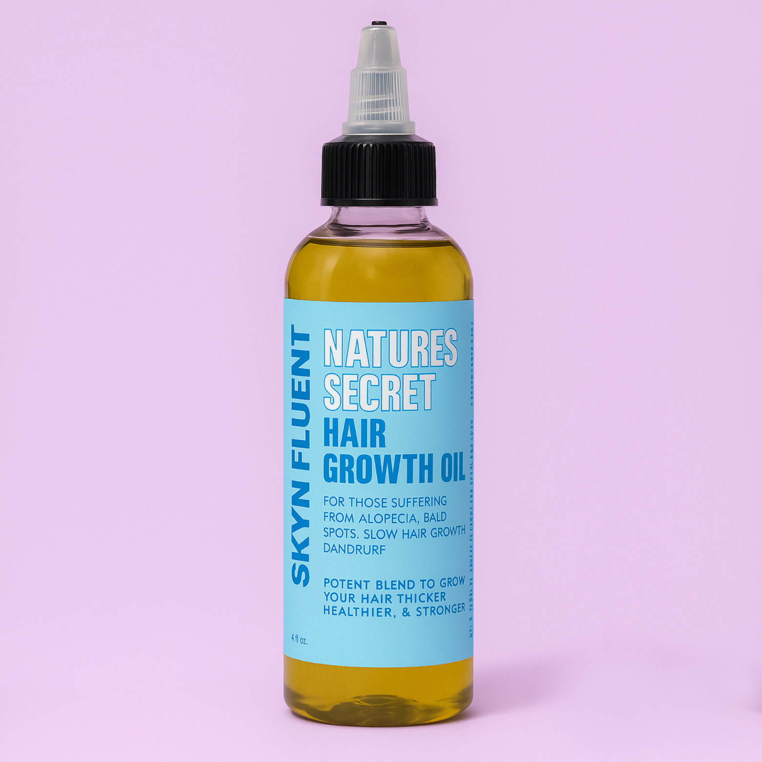 Skynfluent Nature’s Secret Hair Growth Oil in a clear applicator bottle with black tip and blue label, placed against a pink background.