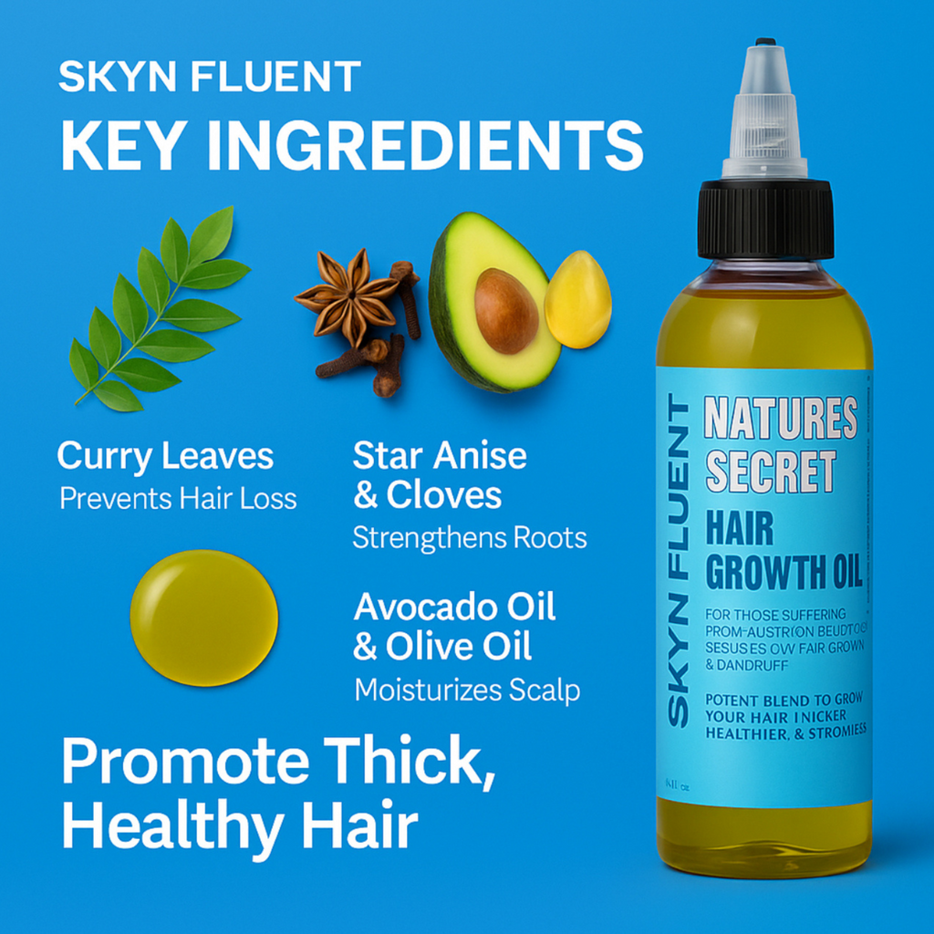 Nature’s Secret Hair Growth Oil bottle next to illustrated key ingredients: curry leaves, star anise, cloves, avocado, and olive oil, with text highlighting their benefits.