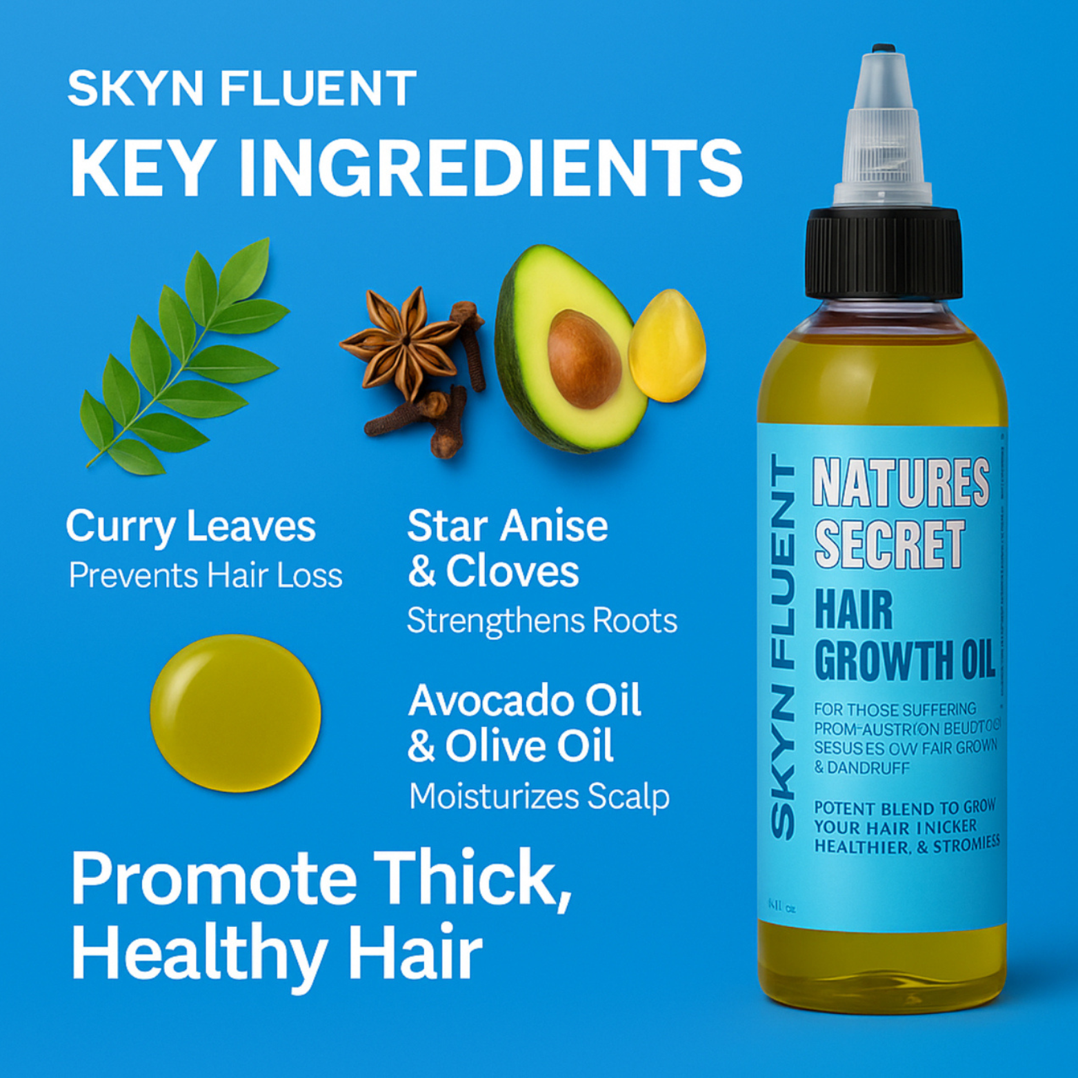Nature’s Secret Hair Growth Oil bottle next to illustrated key ingredients: curry leaves, star anise, cloves, avocado, and olive oil, with text highlighting their benefits.