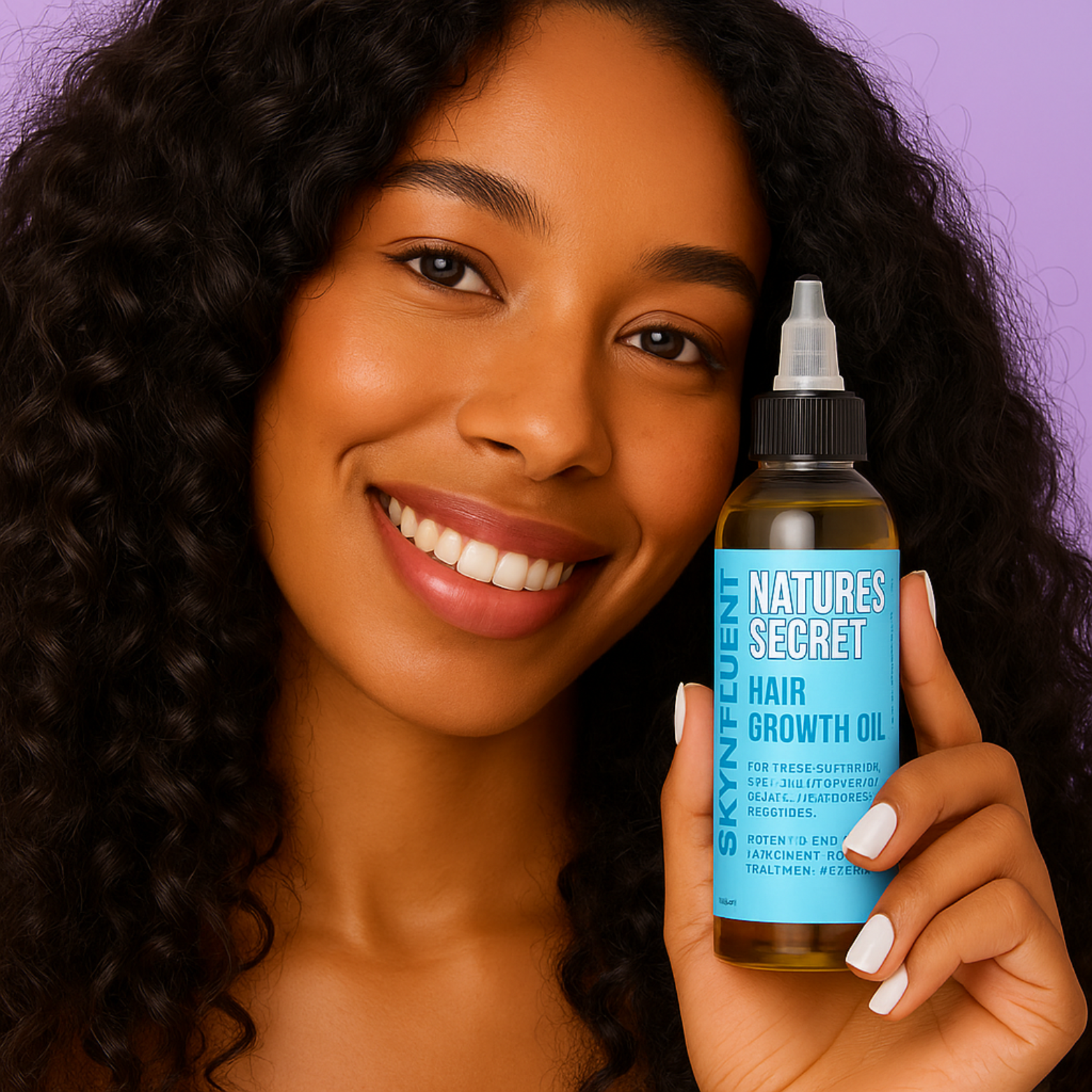 Smiling woman with long curly hair holding a bottle of Skynfluent Nature’s Secret Hair Growth Oil in front of a purple backdrop.