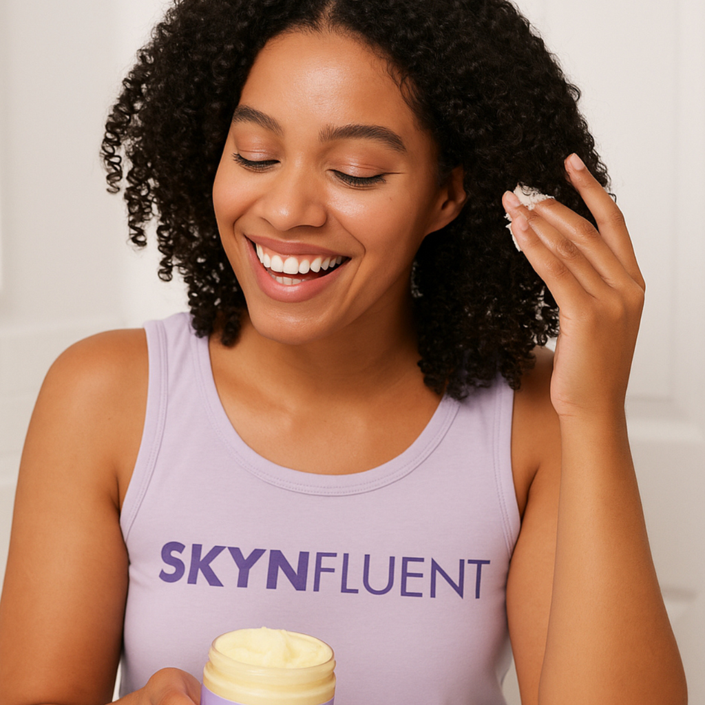 Smiling woman with curly hair applying Chebe Hair Repair Butter to her curls.