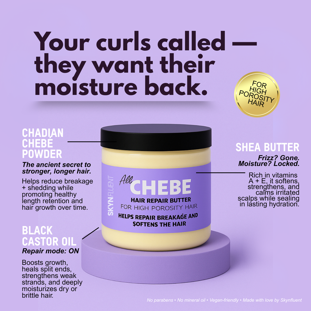 Chebe Hair Repair Butter ingredient graphic showing Chadian chebe powder, black castor oil, and shea butter with benefits for moisture and repair.