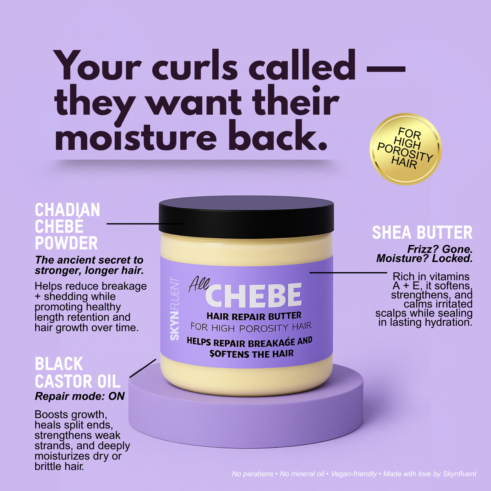 Chebe Hair Repair Butter ingredient graphic showing Chadian chebe powder, black castor oil, and shea butter with benefits for moisture and repair.