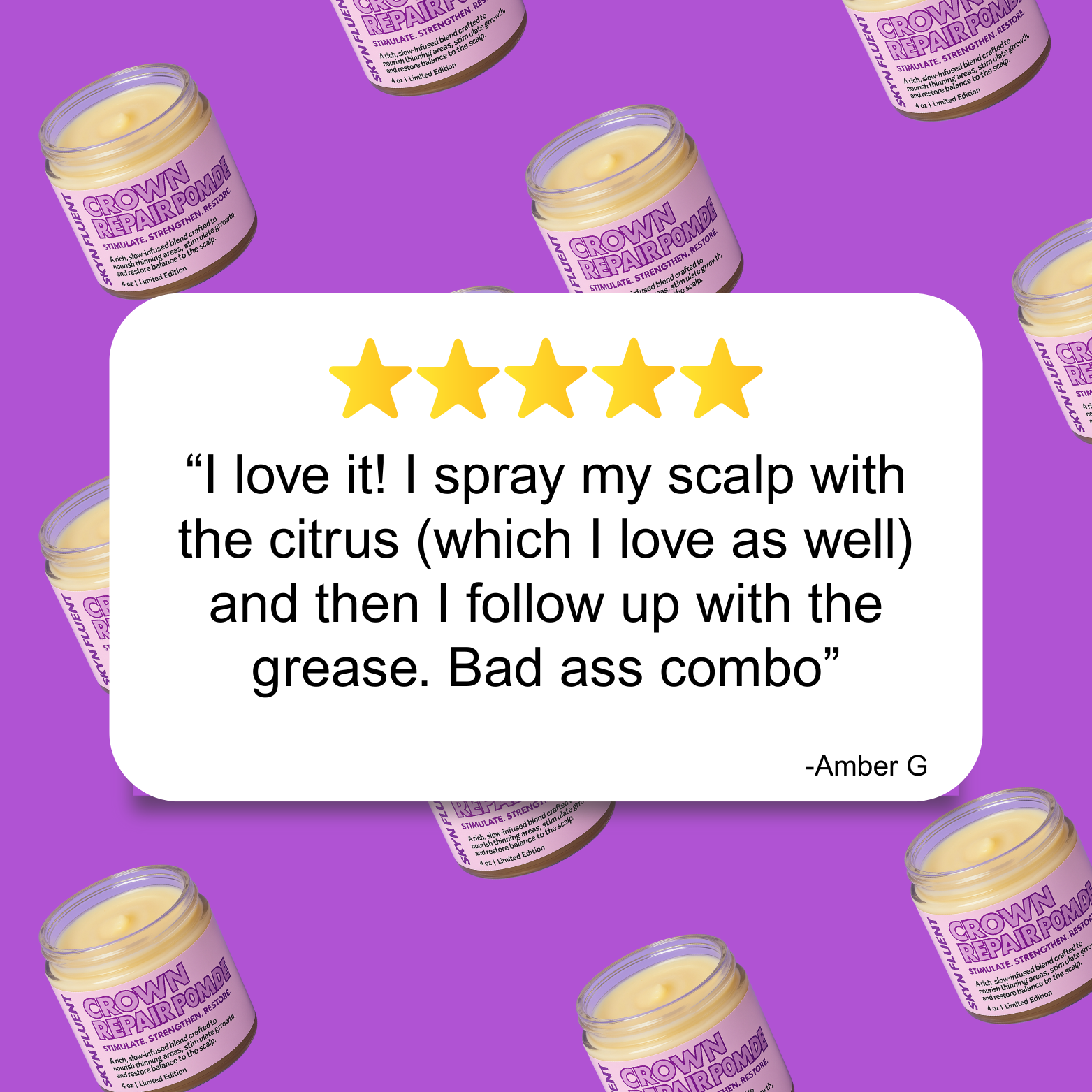 Skynfluent Crown Repair Pomade review graphic with 5-star testimonial praising scalp spray and pomade combo for hair health.
