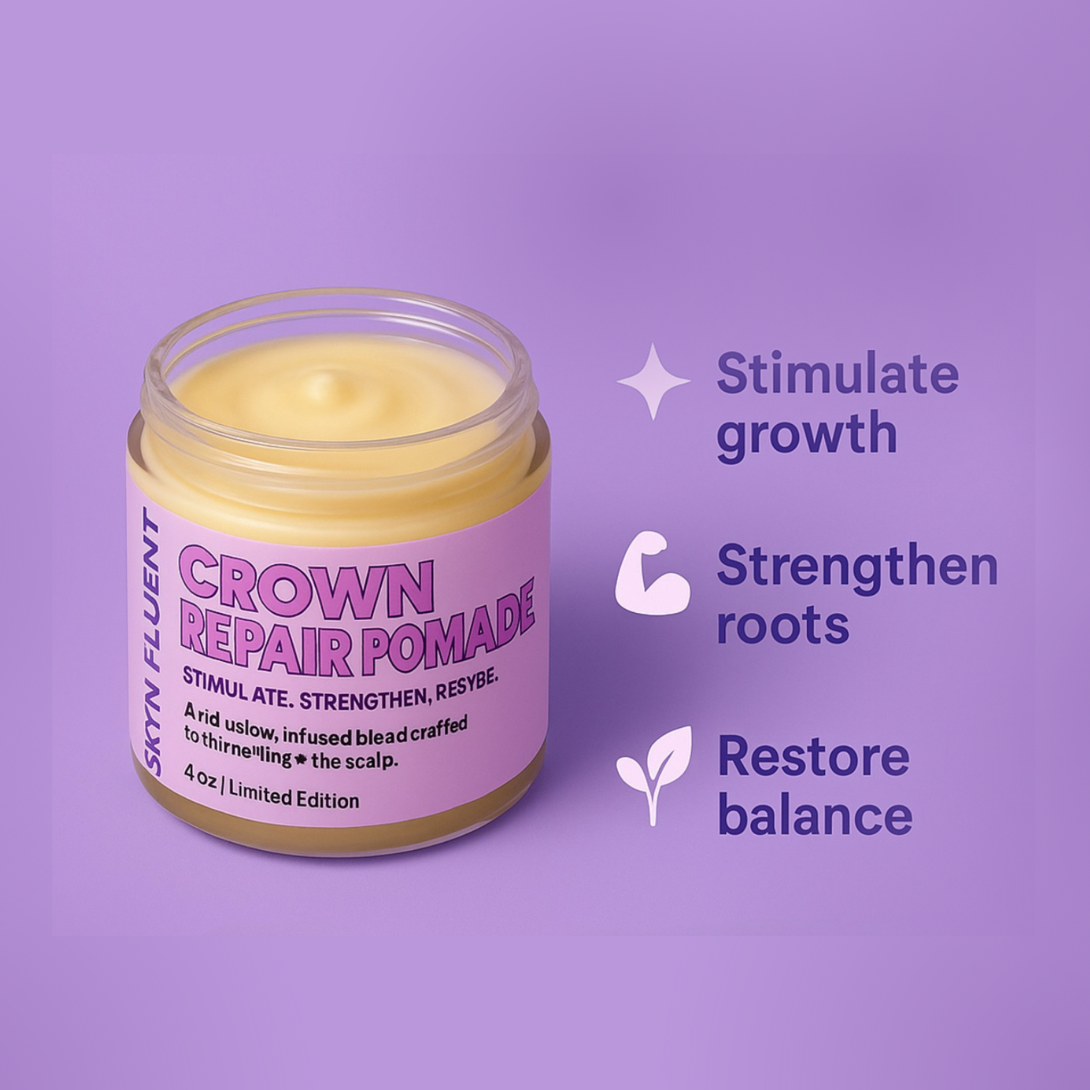 Skynfluent Crown Repair Pomade benefits graphic – stimulates growth, strengthens roots, and restores scalp balance.