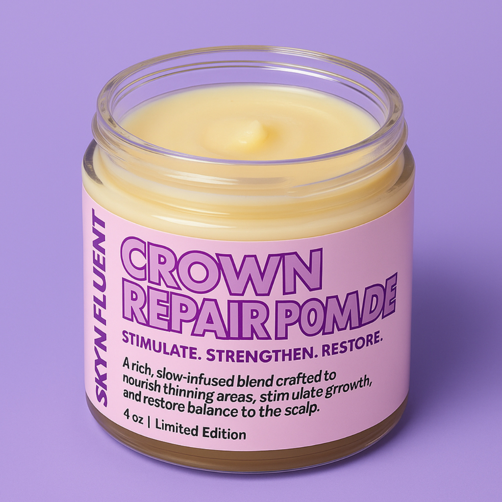 Skynfluent Crown Repair Pomade jar – nourishing scalp pomade to stimulate growth, strengthen roots, and restore balance.
