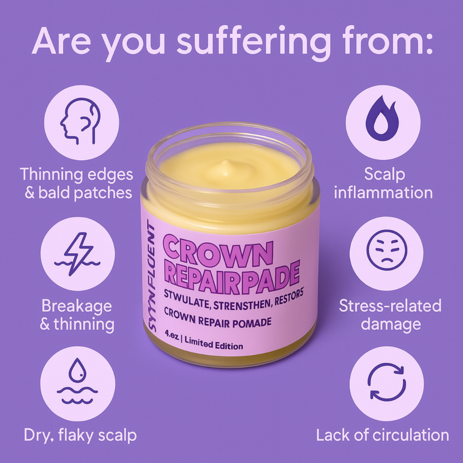 Skynfluent Crown Repair Pomade graphic showing problems it targets: thinning edges, scalp inflammation, breakage, stress damage, dry scalp, and poor circulation.
