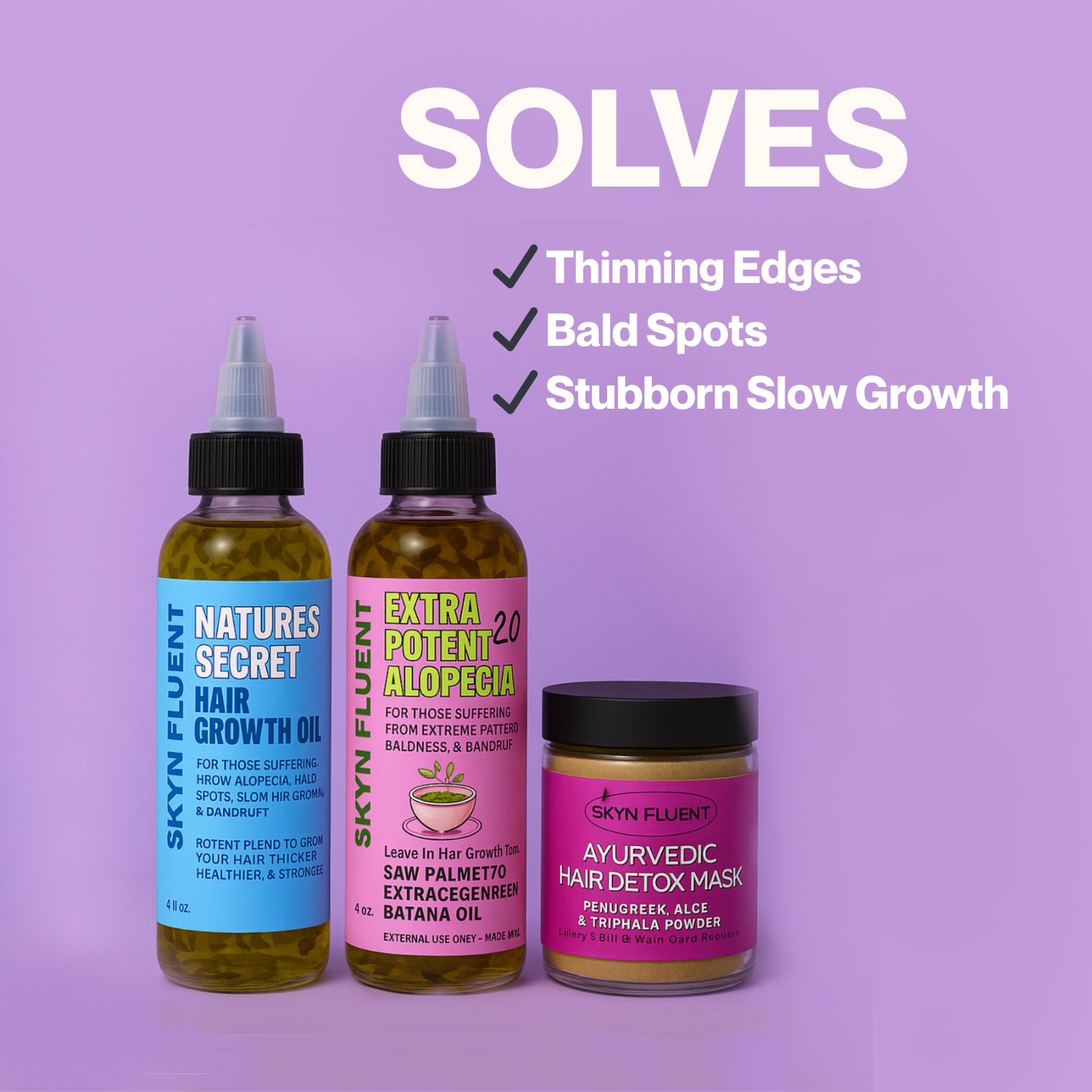 Skynfluent Detox & Growth Bundle graphic showing solutions for thinning edges, bald spots, and stubborn slow hair growth.