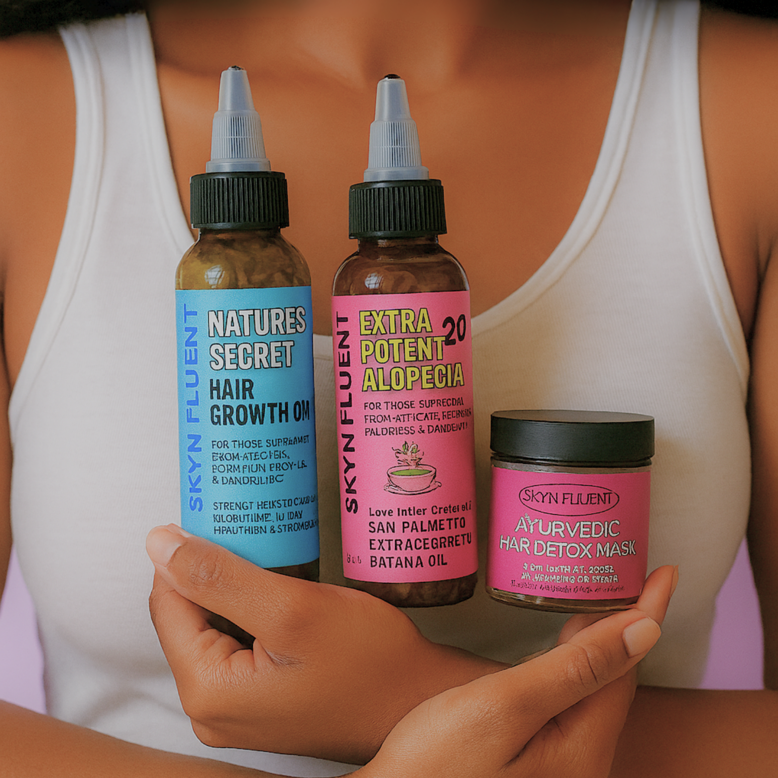Woman holding Skynfluent Detox & Growth Bundle – scalp oils and Ayurvedic detox mask for thinning edges, bald spots, and regrowth.