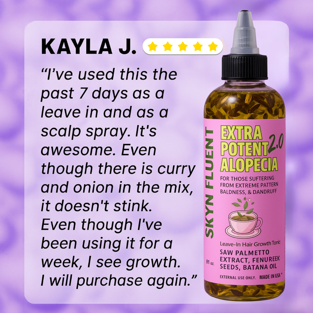 Customer review of Skynfluent Extra Potent Alopecia Hair Growth Tonic – Kayla J. shares how she saw hair growth in 7 days using it as a leave-in and scalp spray.