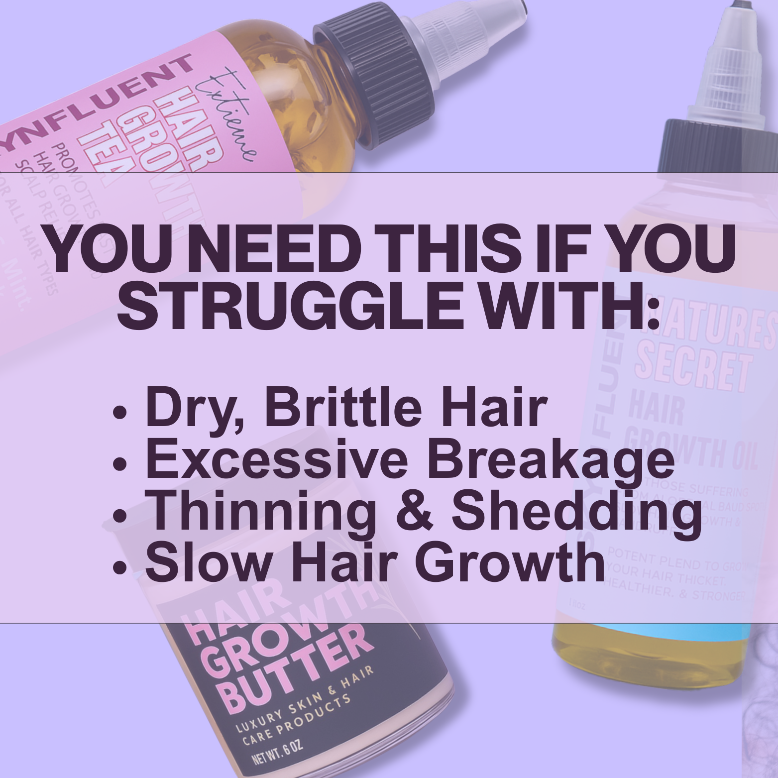 Skynfluent Hair Growth Bundle – for dry, brittle hair, excessive breakage, thinning, shedding, and slow hair growth, featuring Extreme Hair Growth Tea, Hair Growth Butter, and Nature’s Secret Hair Growth Oil