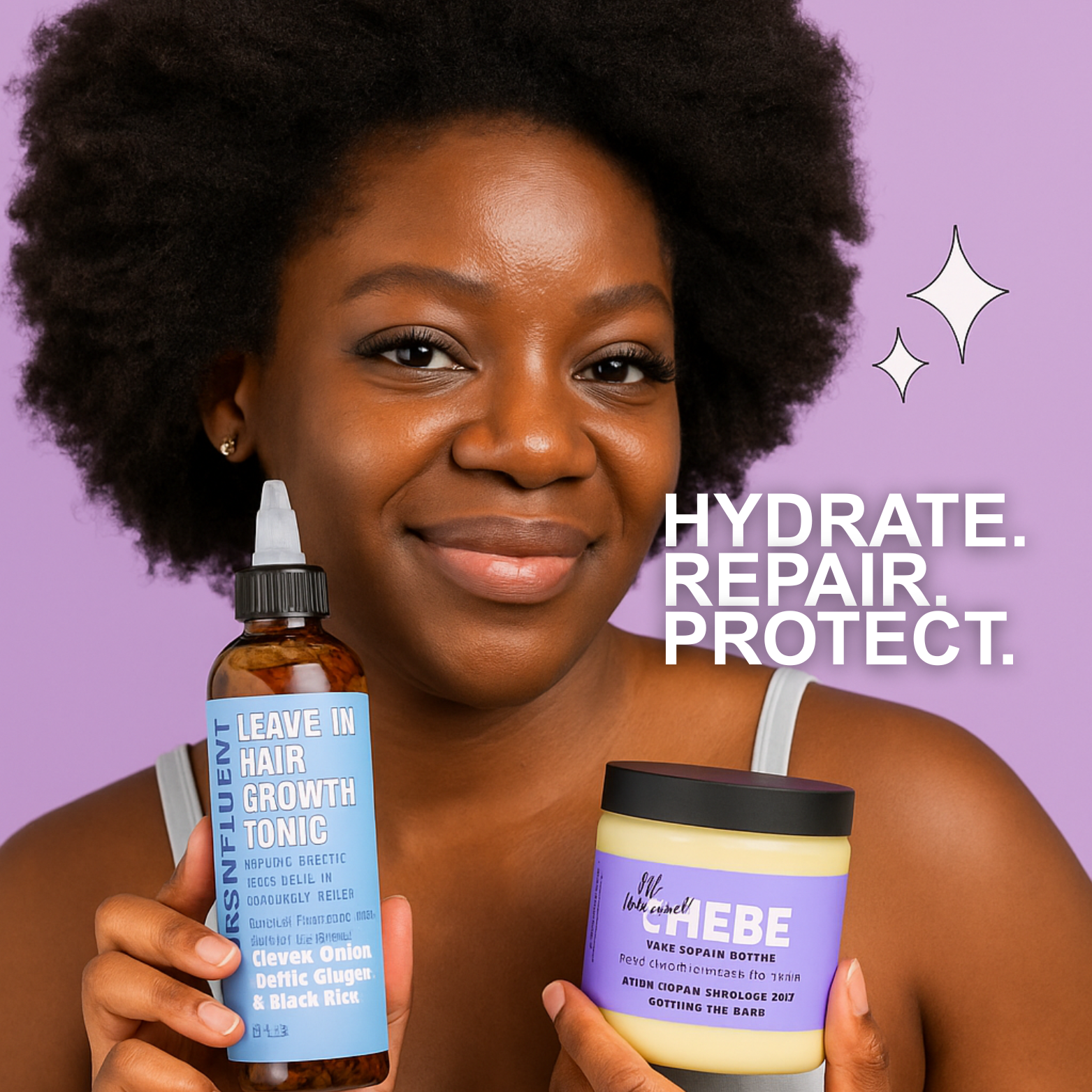Black Woman holding Skynfluent High Porosity Protein Pack with Leave-In Hair Growth Tonic and Chebe Hair Restore Butter to hydrate, repair, and protect weak strands.