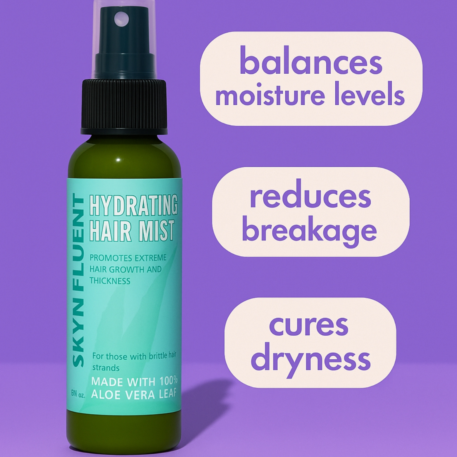 Skynfluent Hydrating Hair Mist benefits graphic – balances moisture, reduces breakage, and cures dryness.
