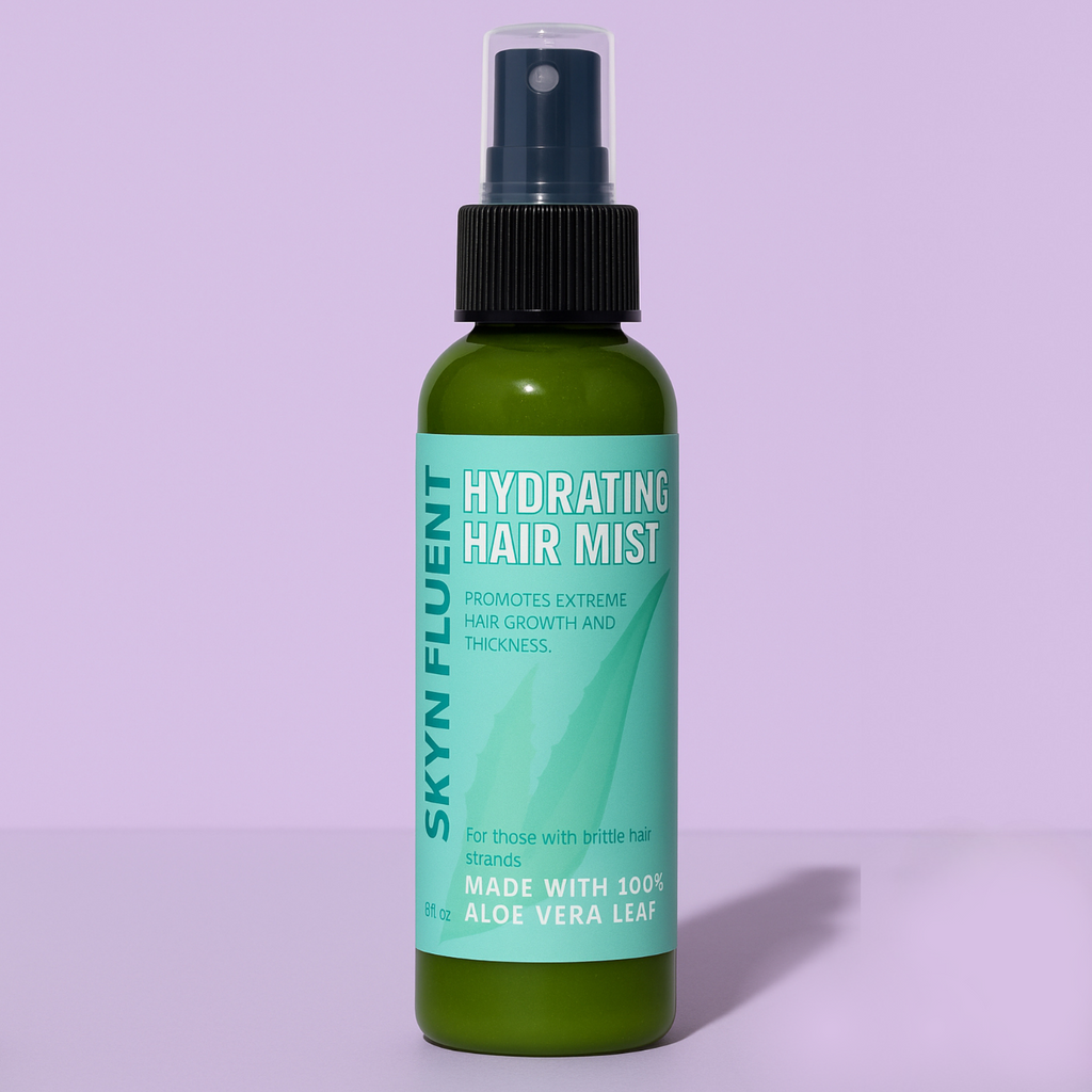 Skynfluent Hydrating Hair Mist bottle – aloe vera–based spray that promotes hair growth, hydration, and thickness.
