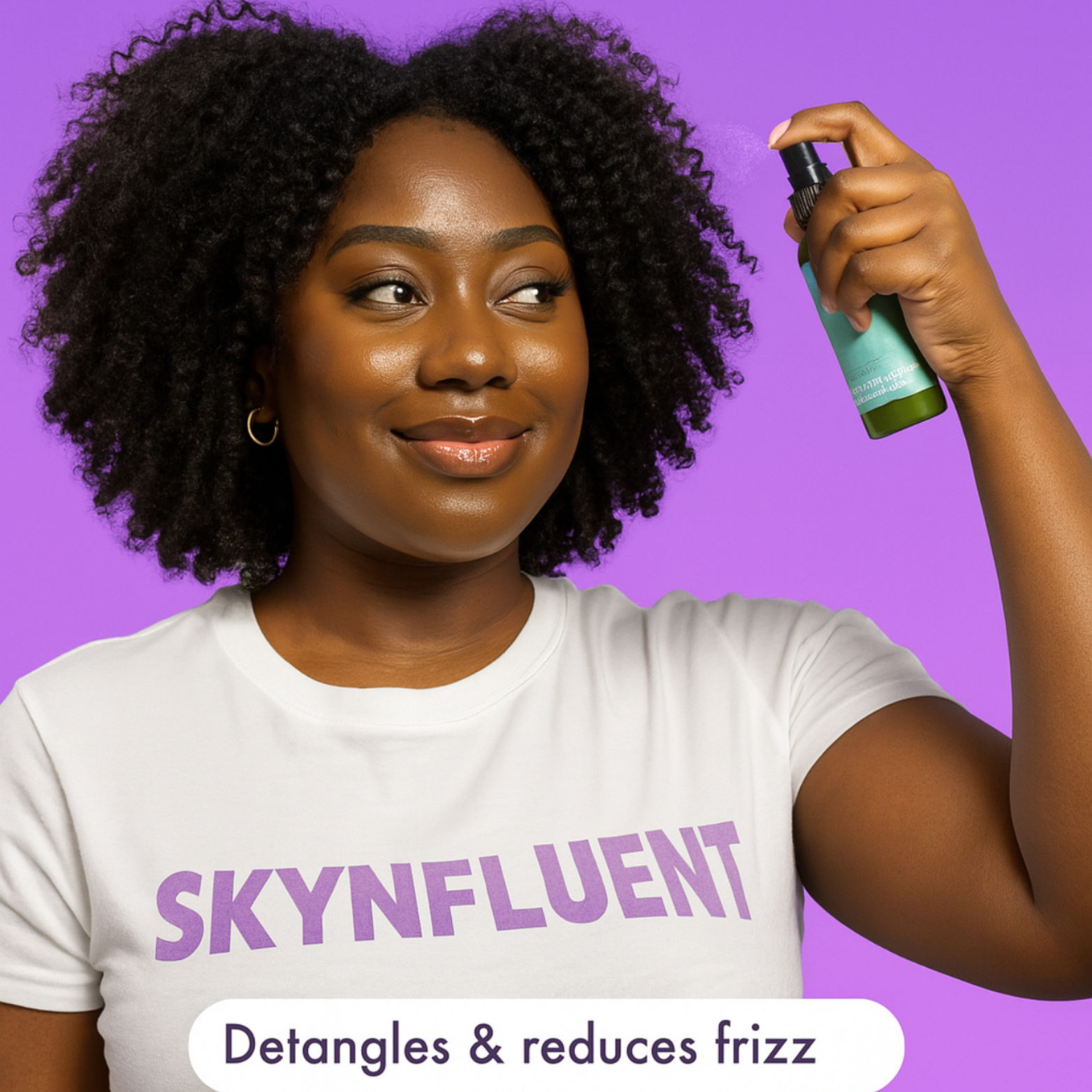 Woman with natural curly hair spraying Skynfluent Hydrating Hair Mist – detangles, reduces frizz, and hydrates strands.
