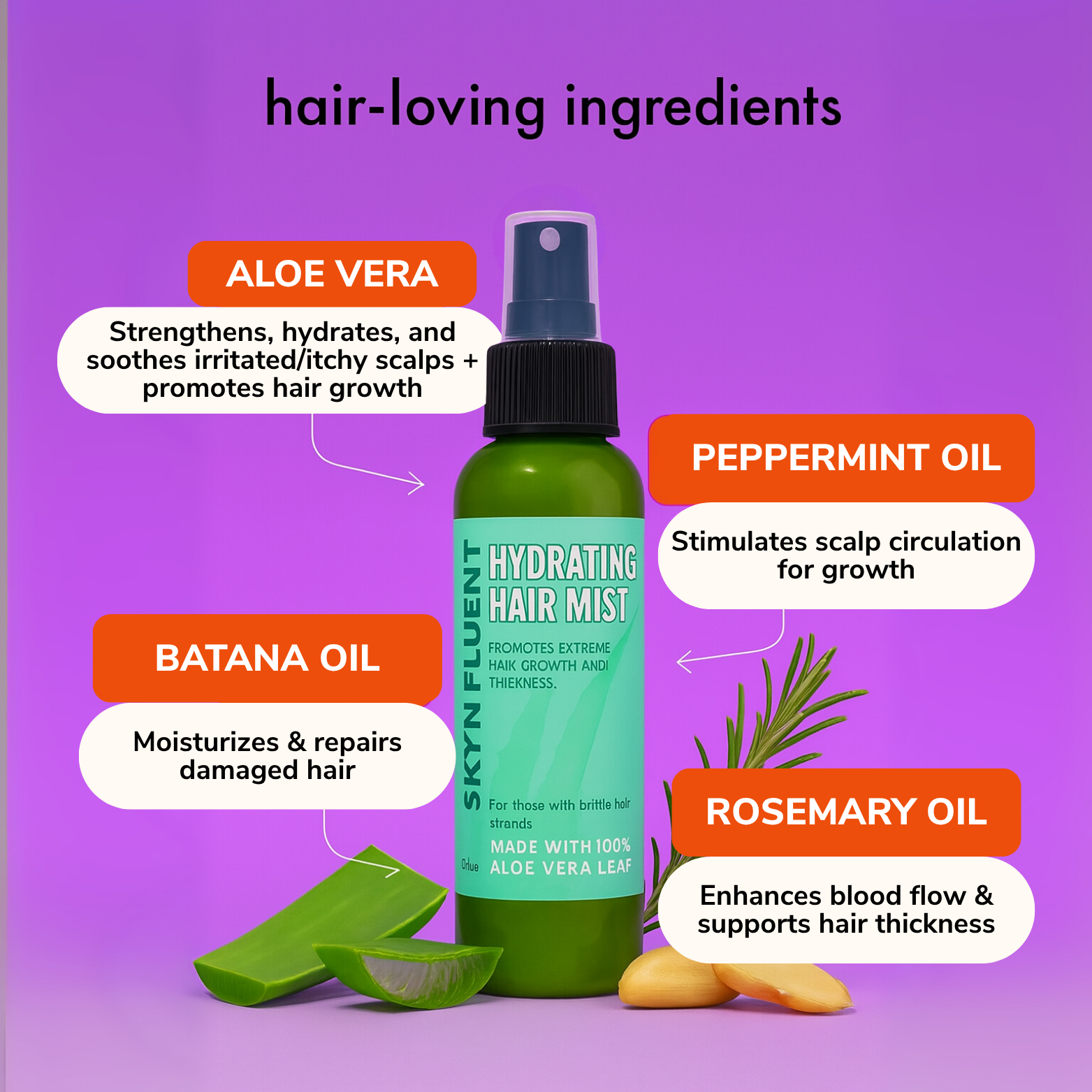 Skynfluent Hydrating Hair Mist with aloe vera, peppermint oil, batana oil, and rosemary oil – strengthens, hydrates, and promotes growth.
