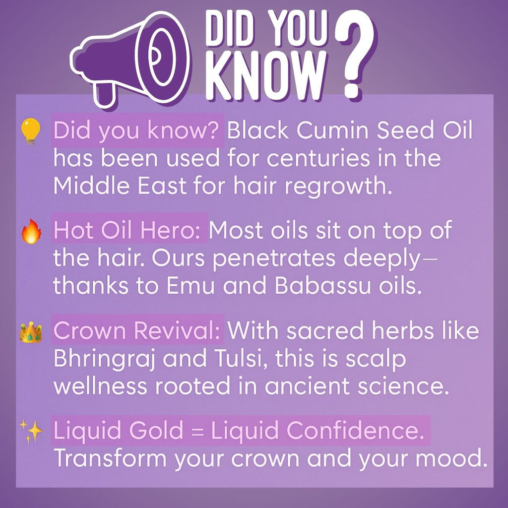 Skynfluent Liquid Gold Hair Oil facts graphic – black cumin seed oil for regrowth, deep penetration with emu and babassu oils, Ayurvedic herbs for scalp revival.