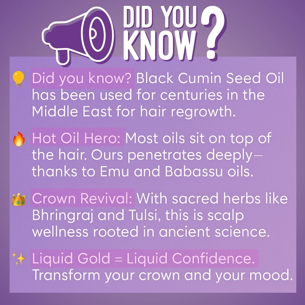 Skynfluent Liquid Gold Hair Oil facts graphic – black cumin seed oil for regrowth, deep penetration with emu and babassu oils, Ayurvedic herbs for scalp revival.