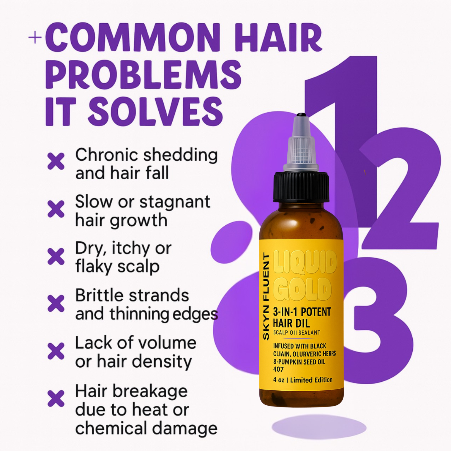 Skynfluent Liquid Gold Hair Oil graphic showing common problems it solves: hair shedding, slow growth, itchy scalp, brittle strands, thinning edges, and breakage.