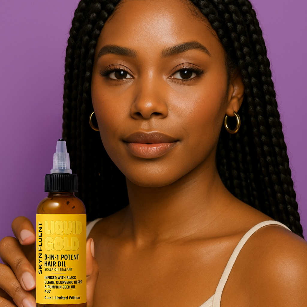 Woman with long braids holding Skynfluent Liquid Gold Hair Oil – scalp treatment and growth oil for healthy, shiny hair.