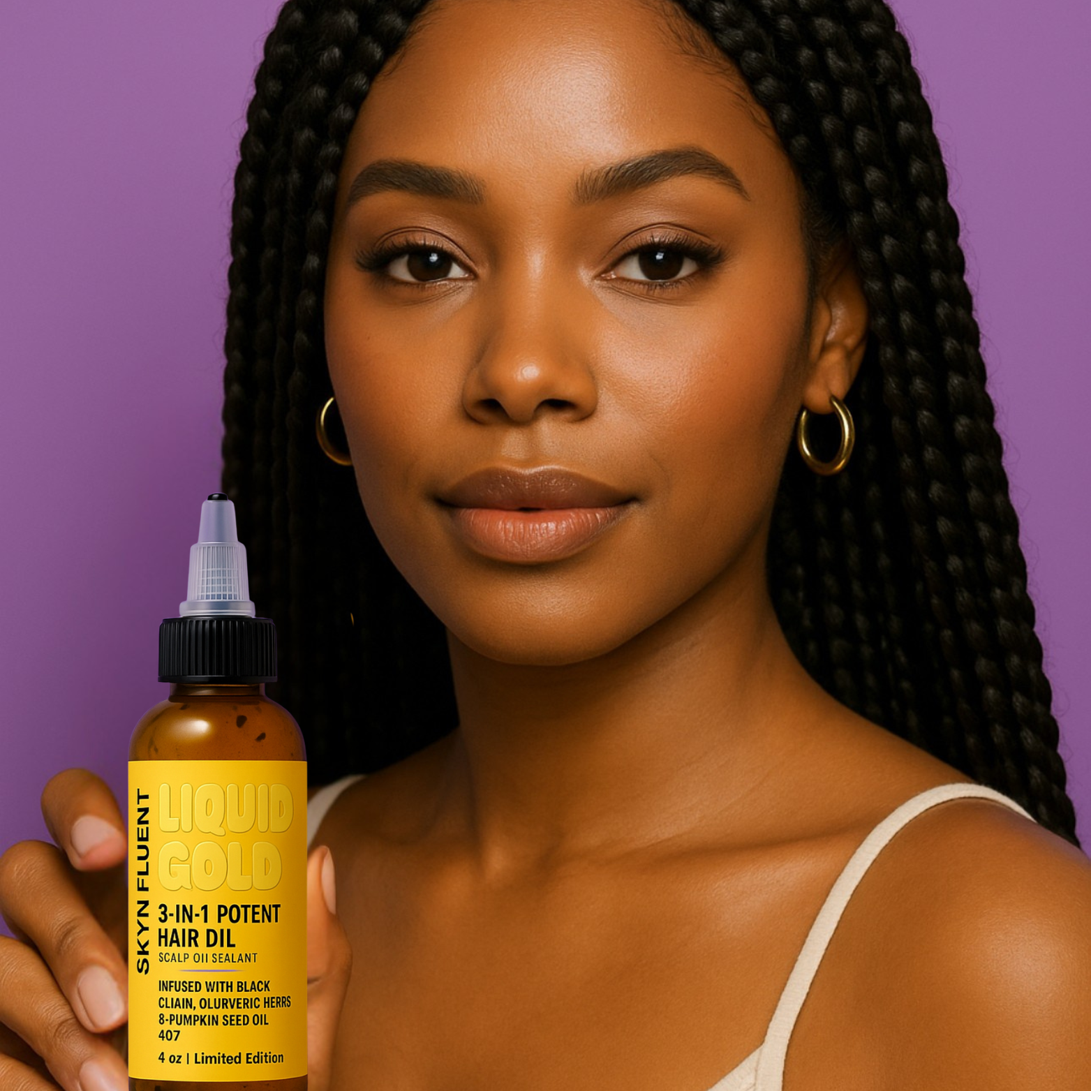 Woman with long braids holding Skynfluent Liquid Gold Hair Oil – scalp treatment and growth oil for healthy, shiny hair.
