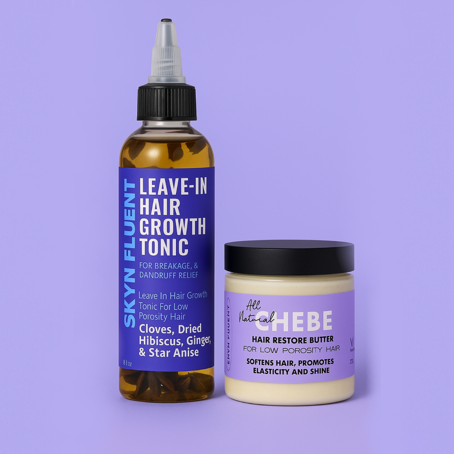 Skynfluent Low Porosity Moisture Pack with Leave-In Hair Growth Tonic and Chebe Hair Restore Butter to hydrate, soften, and restore brittle strands.