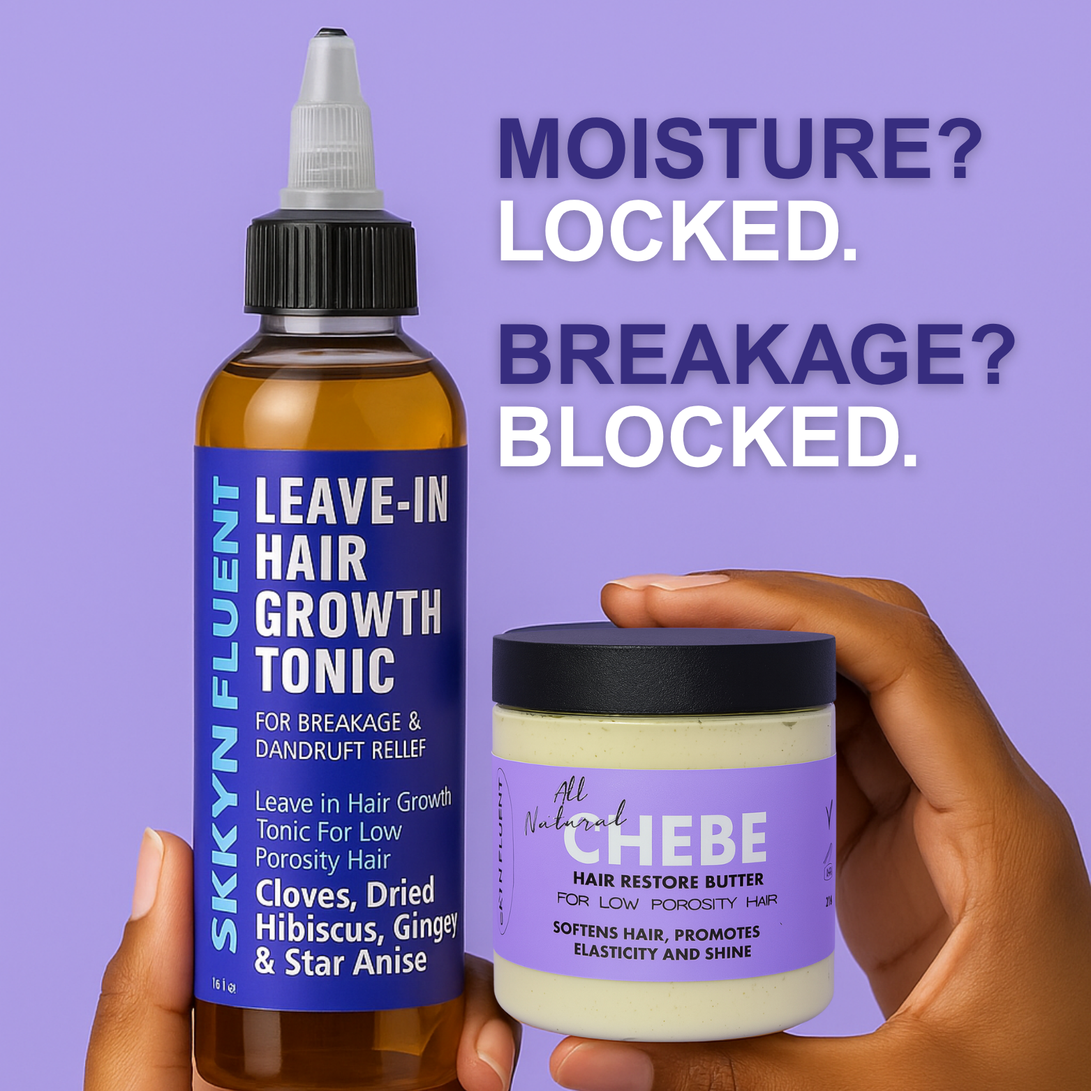 Woman holding Skynfluent Low Porosity Moisture Pack – locks in moisture, blocks breakage, restores elasticity and shine.