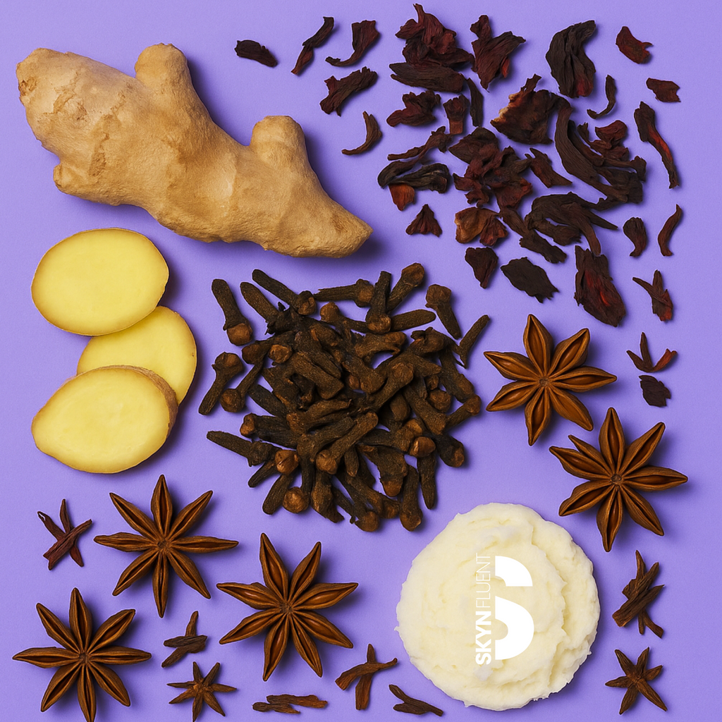 Natural ingredients in Skynfluent Low Porosity Moisture Pack – ginger, hibiscus, cloves, star anise, and shea butter for scalp stimulation and deep hydration.