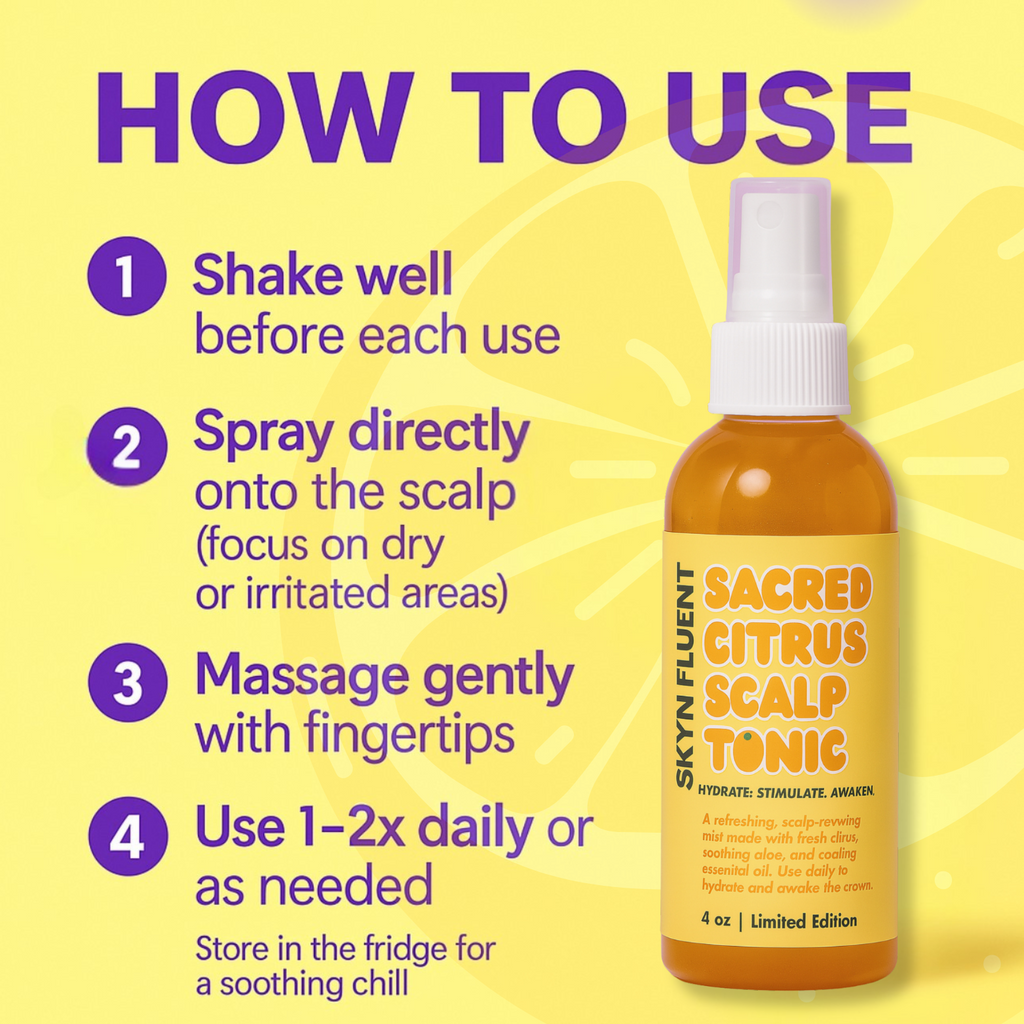 Skynfluent Sacred Citrus Scalp Tonic usage guide – shake well, spray directly, massage gently, and apply 1–2 times daily for scalp hydration.