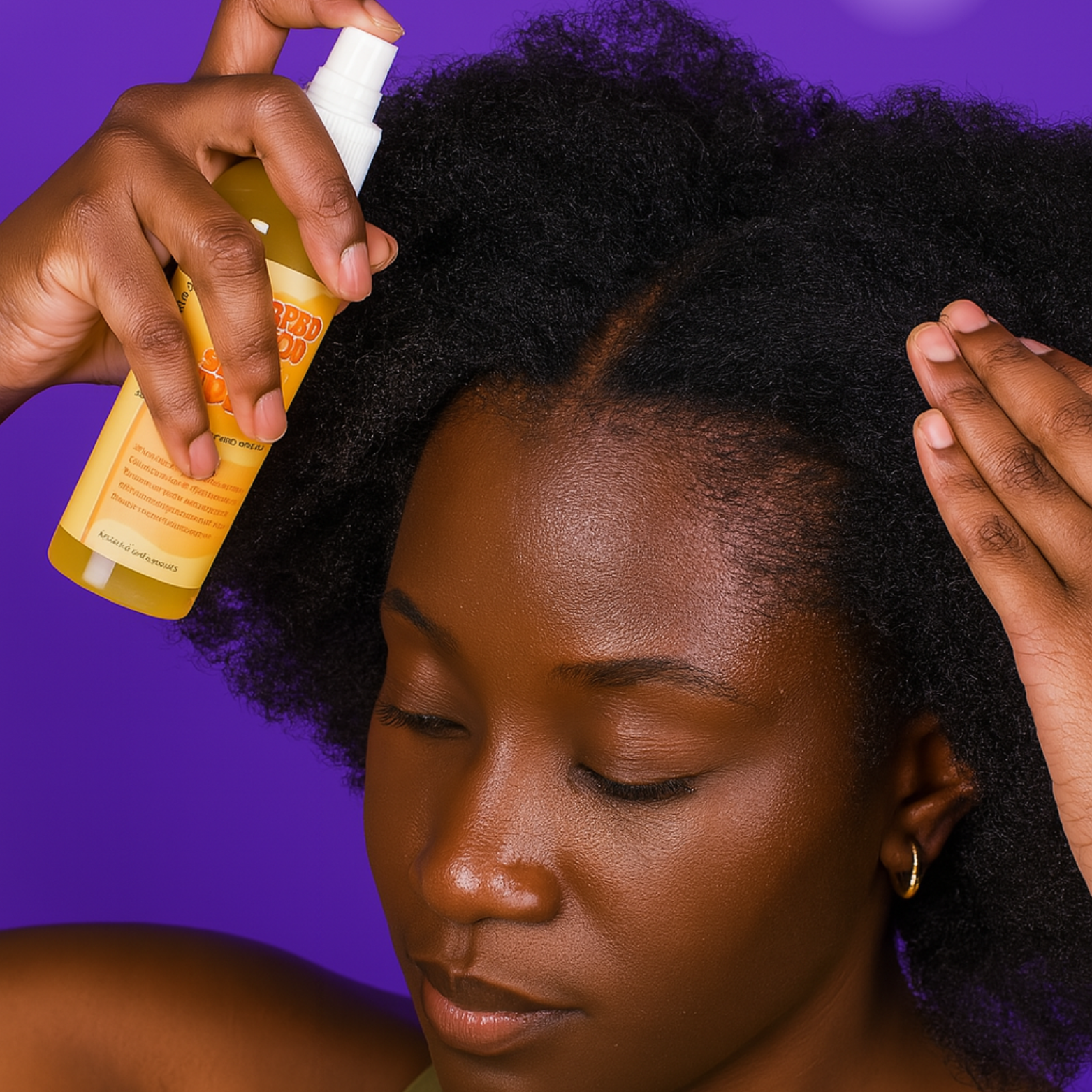 Woman spraying Skynfluent Sacred Citrus Scalp Tonic onto natural textured hair for scalp hydration and stimulation.