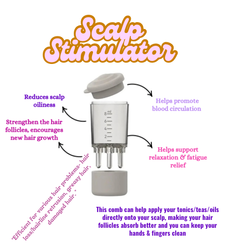 Skynfluent Scalp Stimulator applicator graphic showing benefits – reduces scalp oiliness, strengthens hair follicles, promotes relaxation, and encourages new growth.
