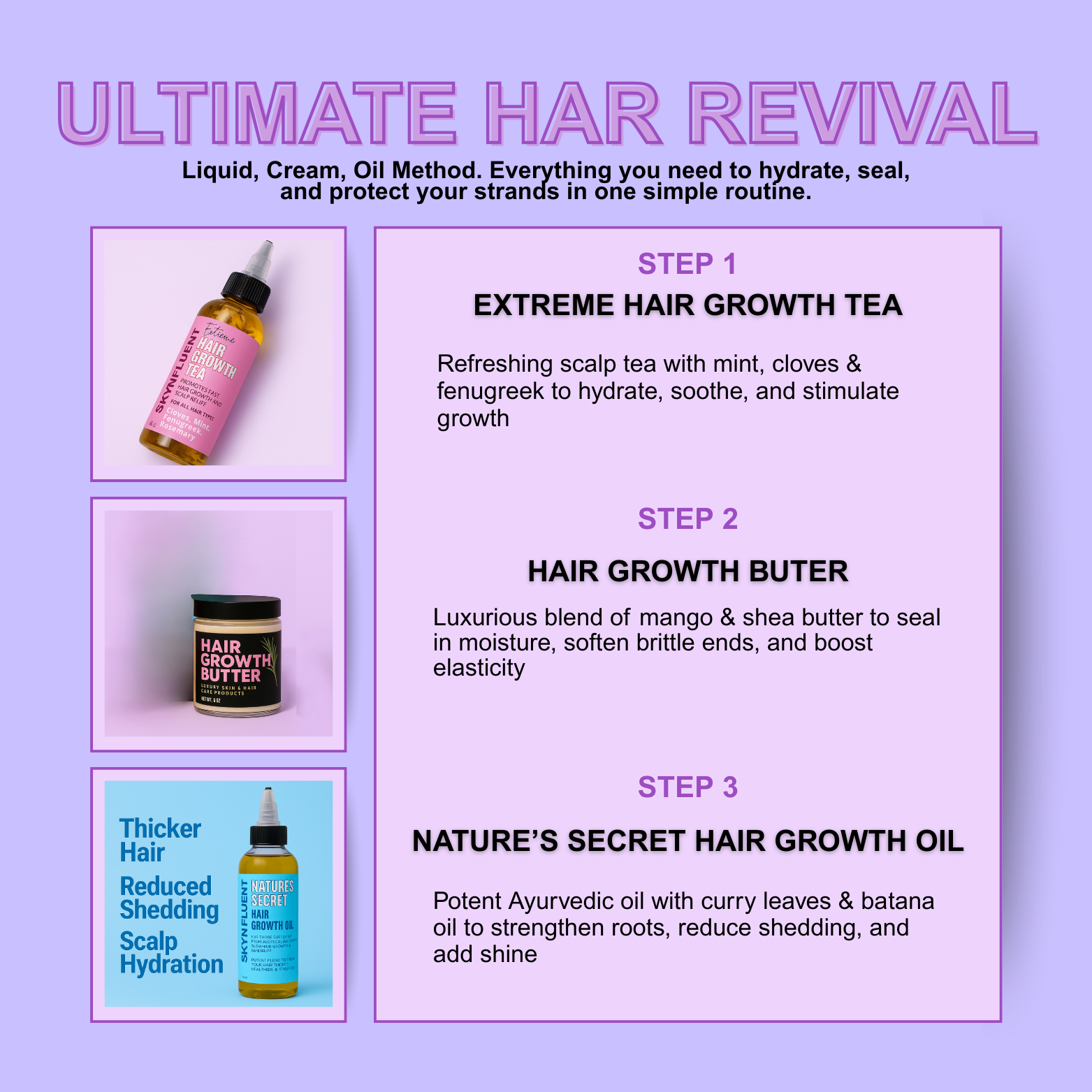 Ultimate Hair Revival Bundle by Skynfluent – LCO Method with Extreme Hair Growth Tea, Hair Growth Butter, and Nature’s Secret Hair Growth Oil for moisture, growth, and healthy hair.